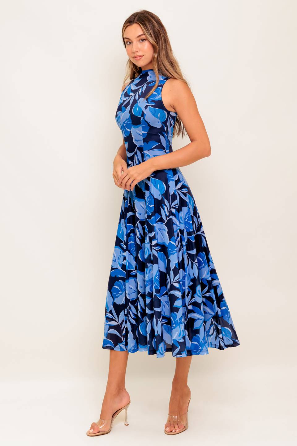 PALMER POWER MESH PRINTED MIDI DRESS in Blue | Flattering Bodycon Dress for Women | Perfect for Cocktail Parties, Date Nights & Special Occasions