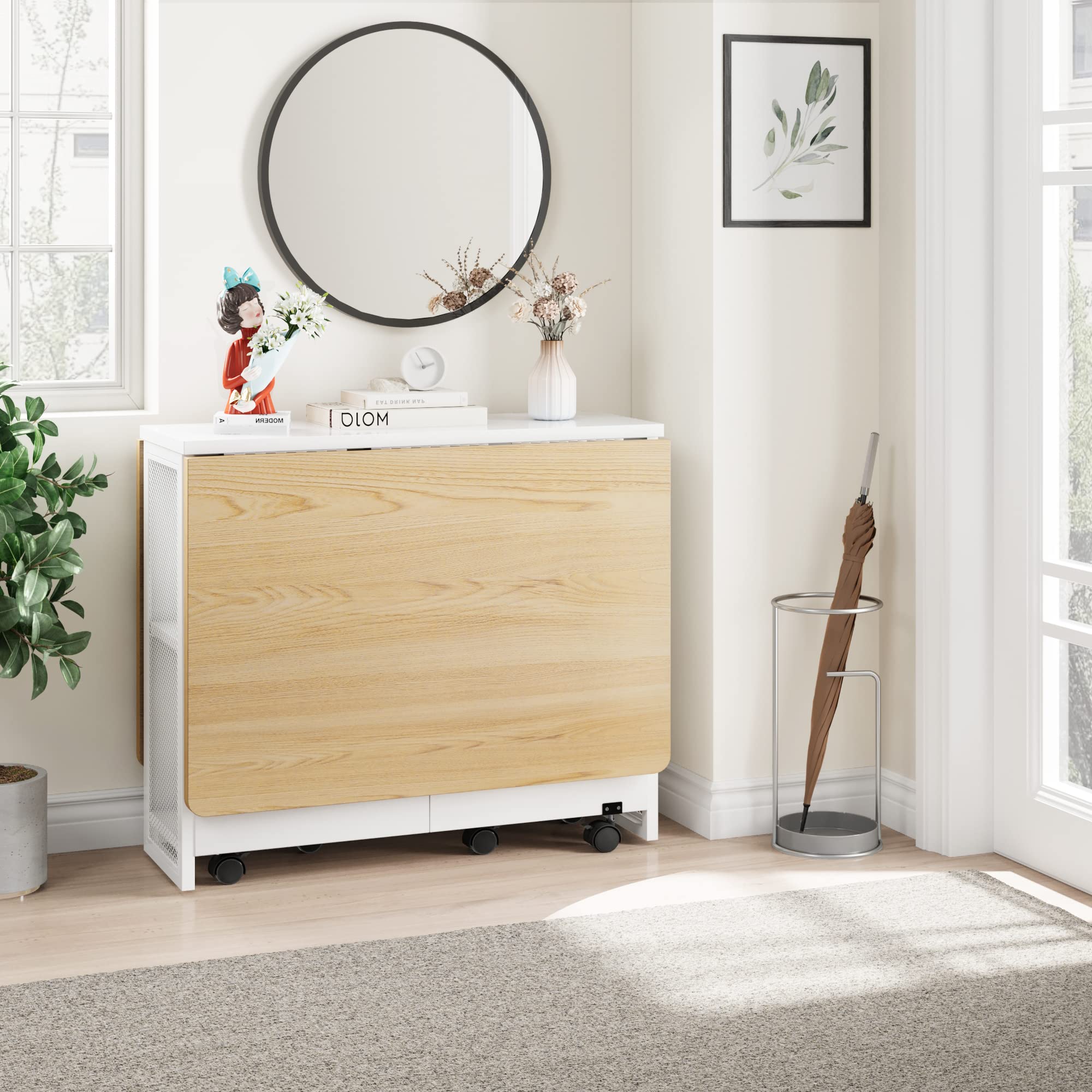 Alkmaar Folding Dining Table - Space Saving Drop Leaf Table for Small Spaces | Collapsible Kitchen, Office & Dining Room Furniture with 4 Storage Racks | Perfect for Apartments, Studios & Multi-Functional Spaces