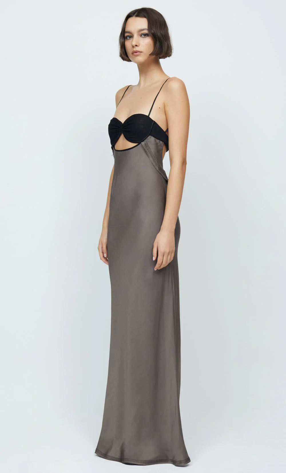 Evangeline Strappy Maxi Dress in Pewter & Black - Elegant Summer Beach Wedding Party Gown for Women