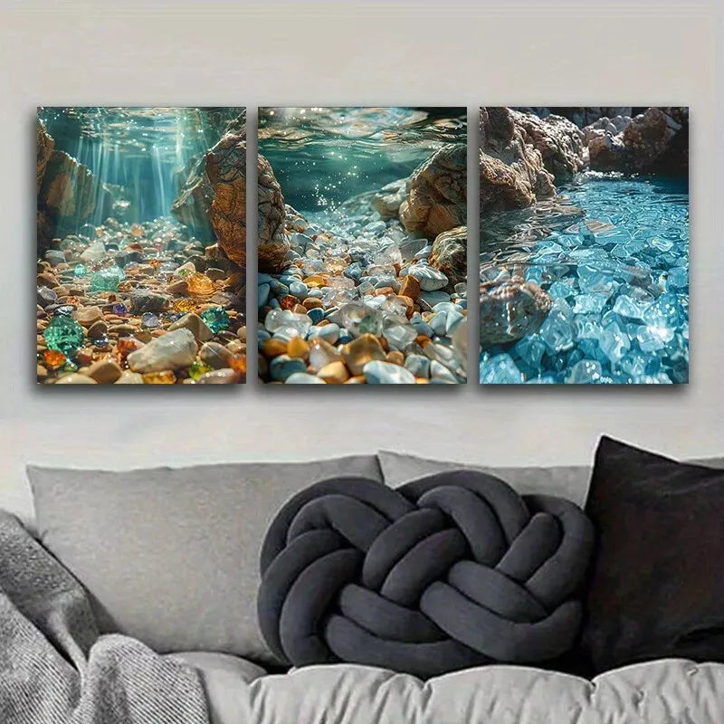 3-Piece Art Deco Modern Water Gem Theme Wall Art Set - Framed Canvas 40x60cm (16x24in) - High Quality Print - 100% Australian Made - Ready to Hang - Perfect for Living Room, Bedroom or Office Decor