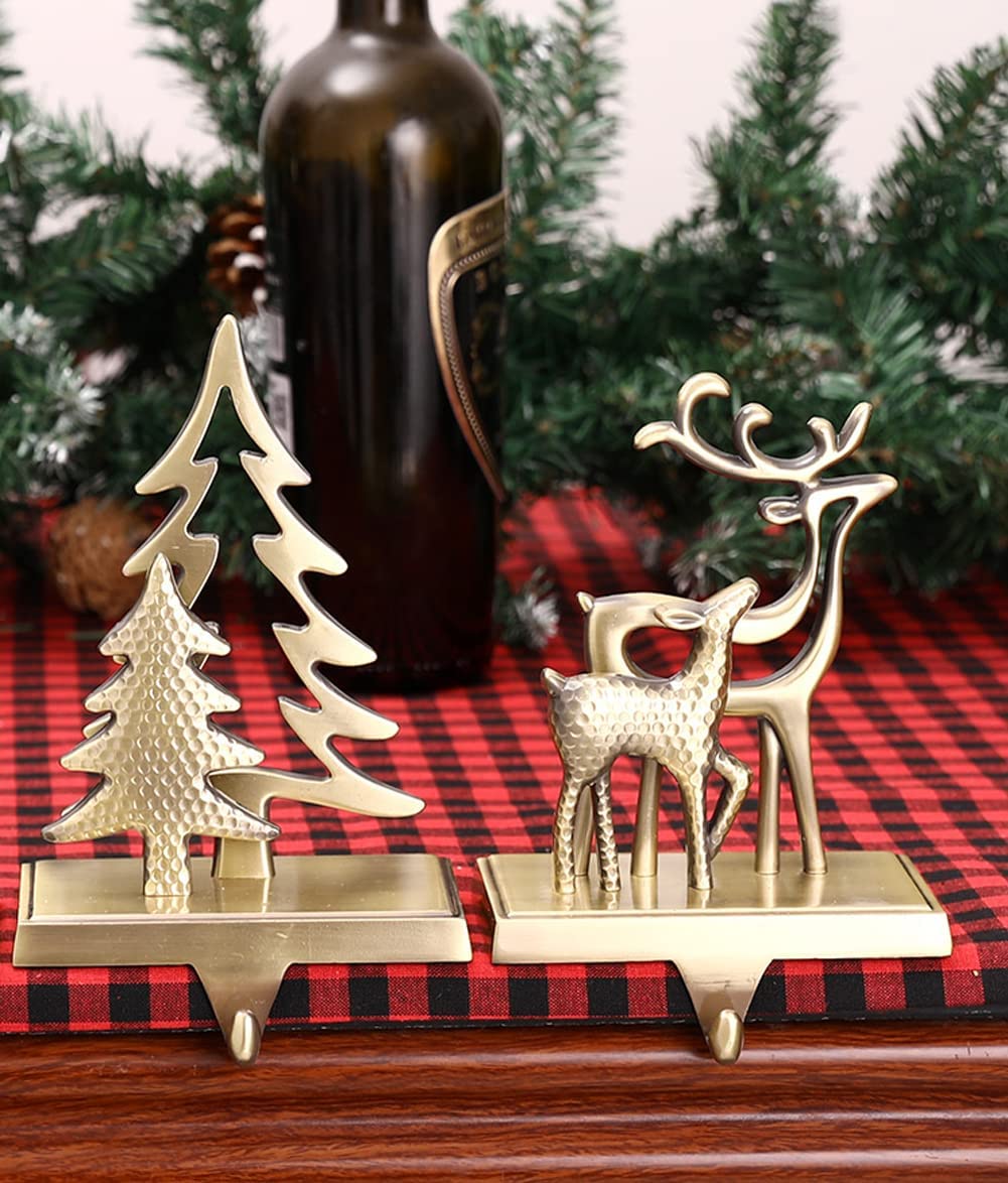 Set of 2 Christmas Stocking Holders for Fireplace Mantel - Anti-Slip Stocking Hangers with Tree & Reindeer Design - Perfect for Holiday Decor, Xmas Stocking Display, and Festive Fireplace Decoration