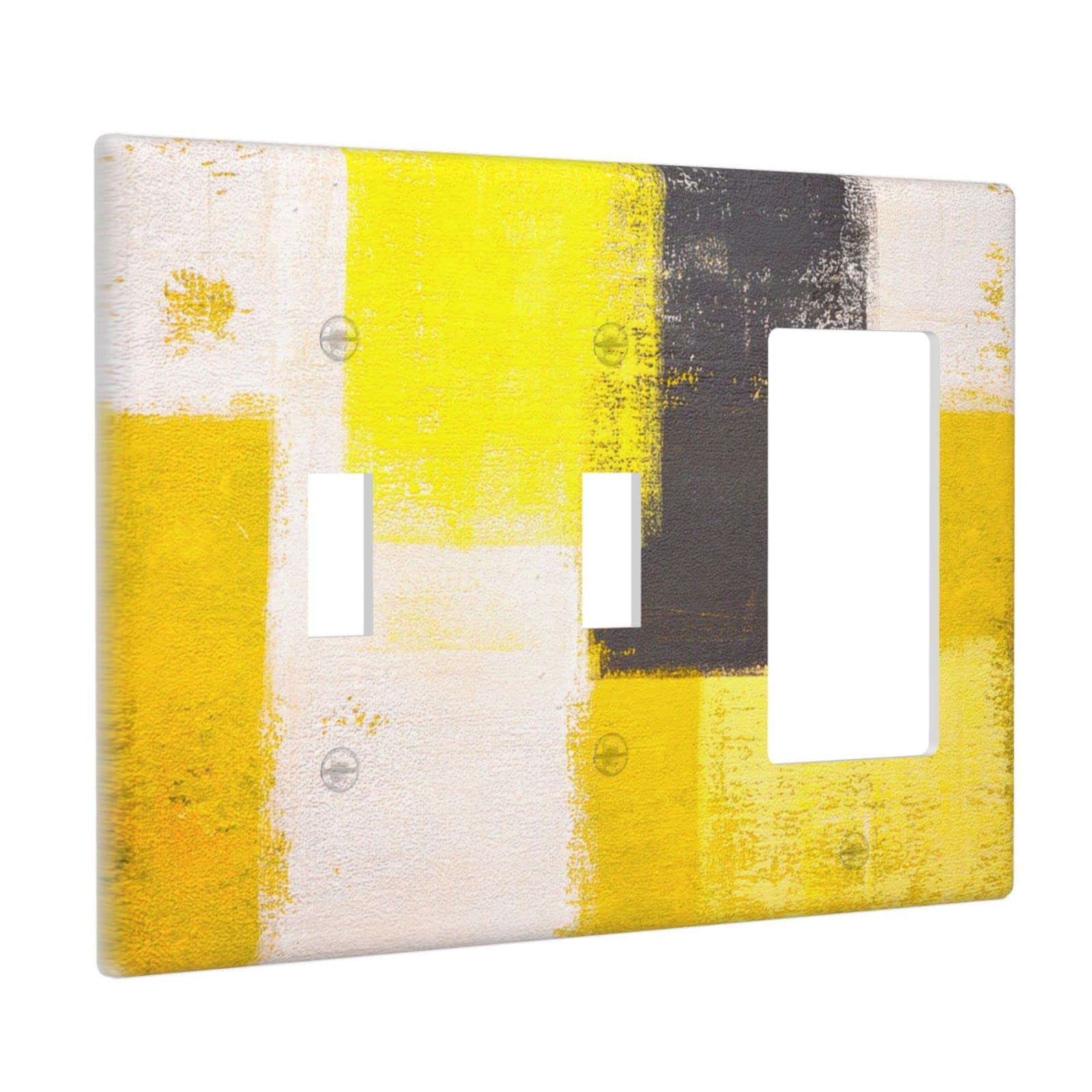 Abstract Yellow Light Switch Cover - Decorative 3 Gang Double Toggle Rocker Wall Plate - Funny Faceplate (4.5