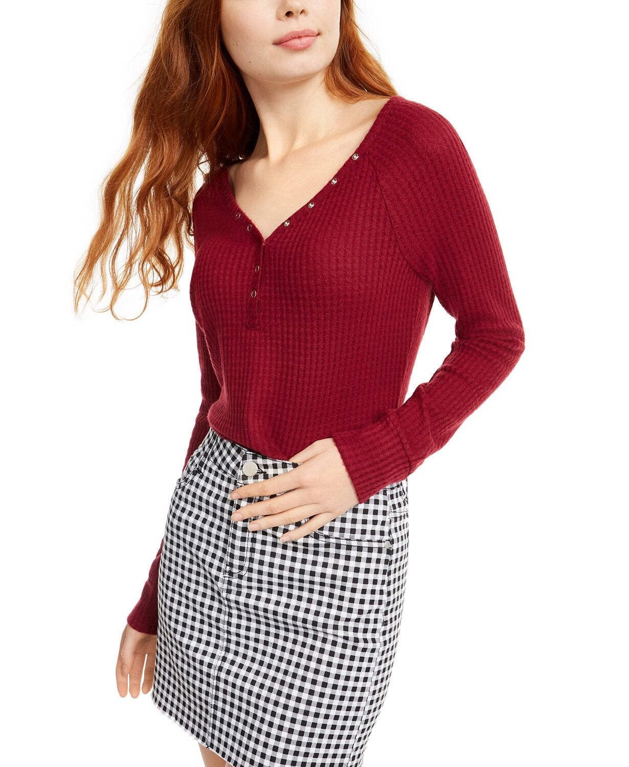 Ultra Flirt Juniors' Cozy Waffle-Knit Henley Top - Red, Size Medium | Soft Long Sleeve Shirt for Women, Girls | Perfect for Fall, Winter, Casual Wear & Layering