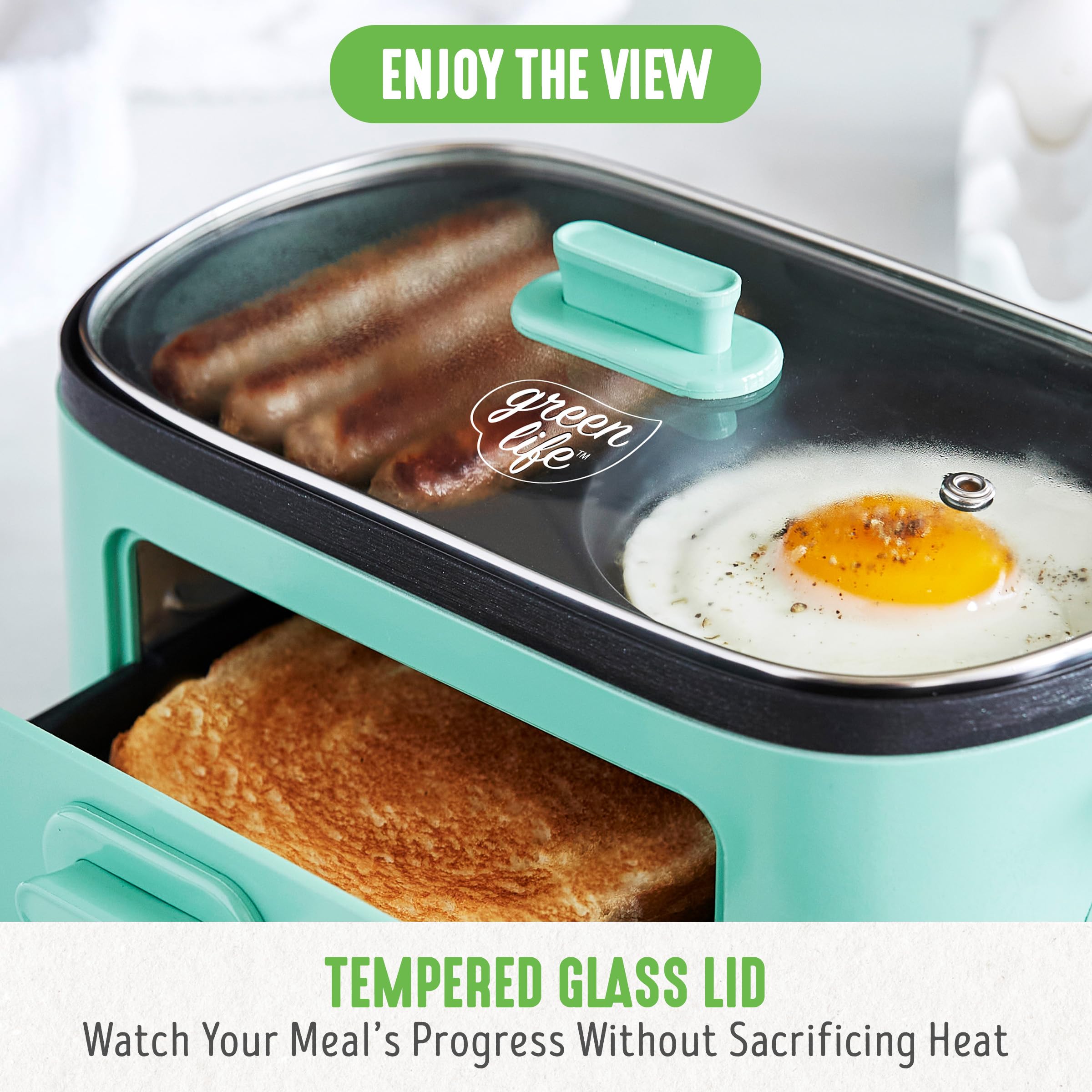 GreenLife 3-in-1 Breakfast Maker Station - Healthy Ceramic Nonstick Dual Griddles for Eggs, Meat, Sausage, Bacon, Pancakes & Breakfast Sandwiches with 2-Slice Toast Drawer & Easy Timer - Perfect for Quick Breakfasts, Family Meals & Small Kitchens (Turquoise)