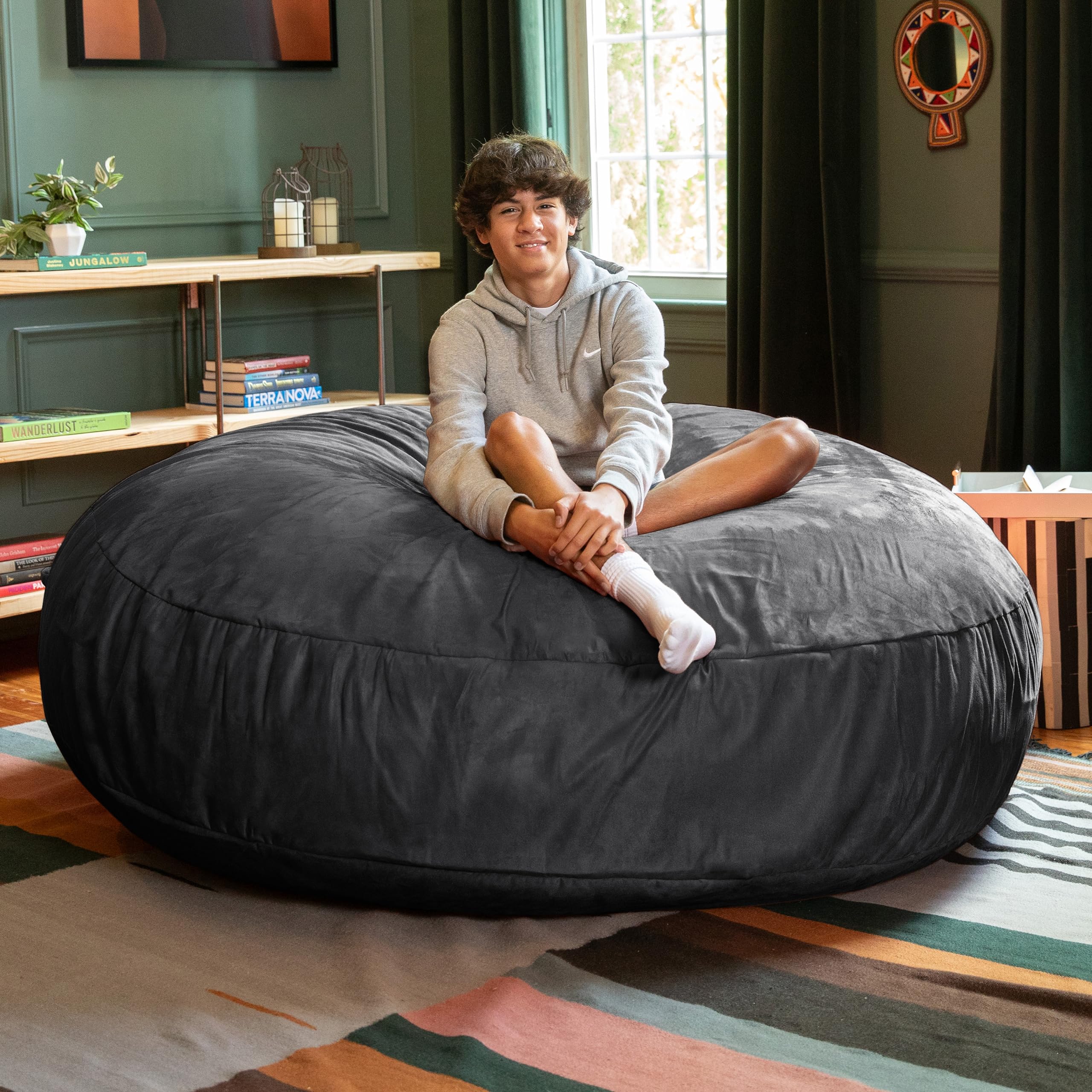 Jaxx 6 Foot Extra Large Cocoon Bean Bag Chair for Adults - Premium Black Memory Foam Filled Lounger - Perfect for Living Room, Bedroom, Game Room & Dorm Relaxation