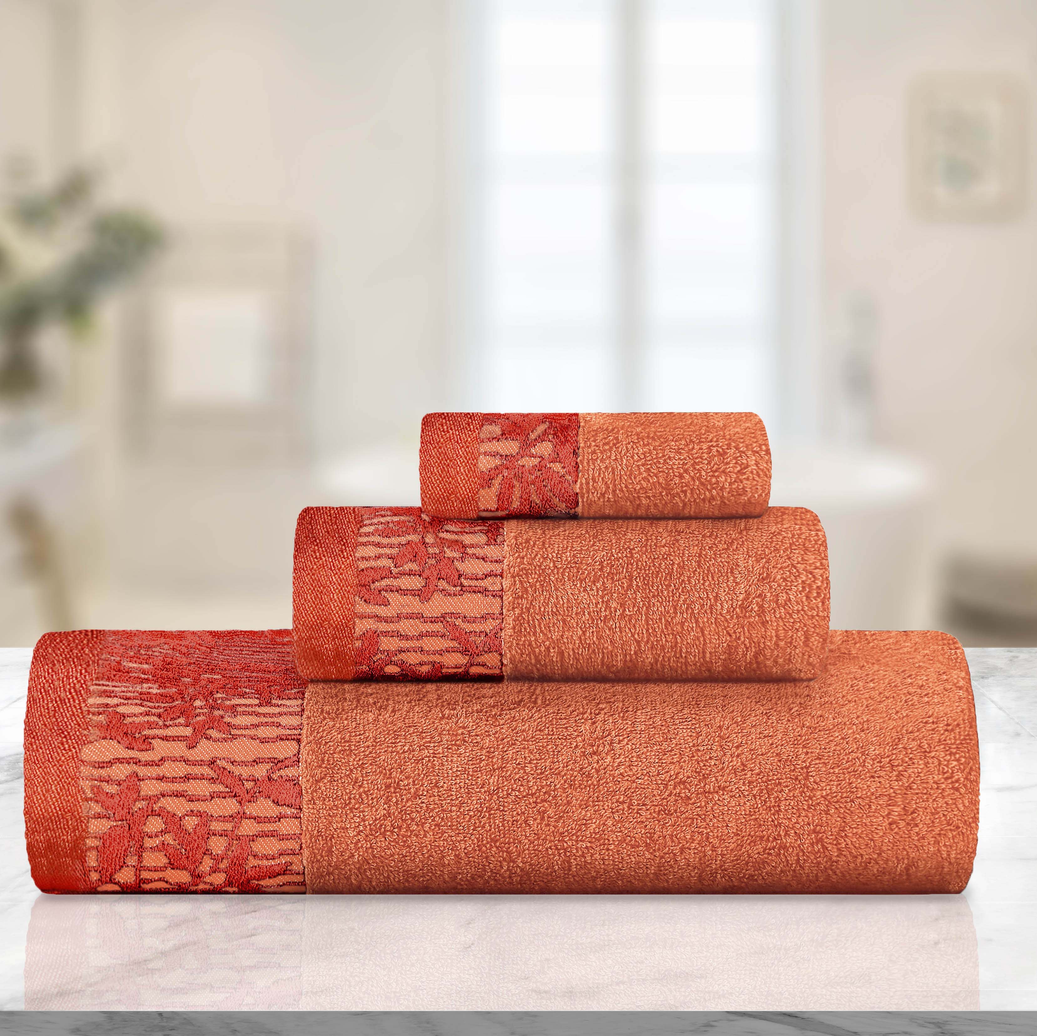 Wisteria Cotton Floral Embroidered Jacquard Border 3-Piece Bath Towel Set - Soft & Absorbent for Spa, Bathroom & Guest Room Decor
