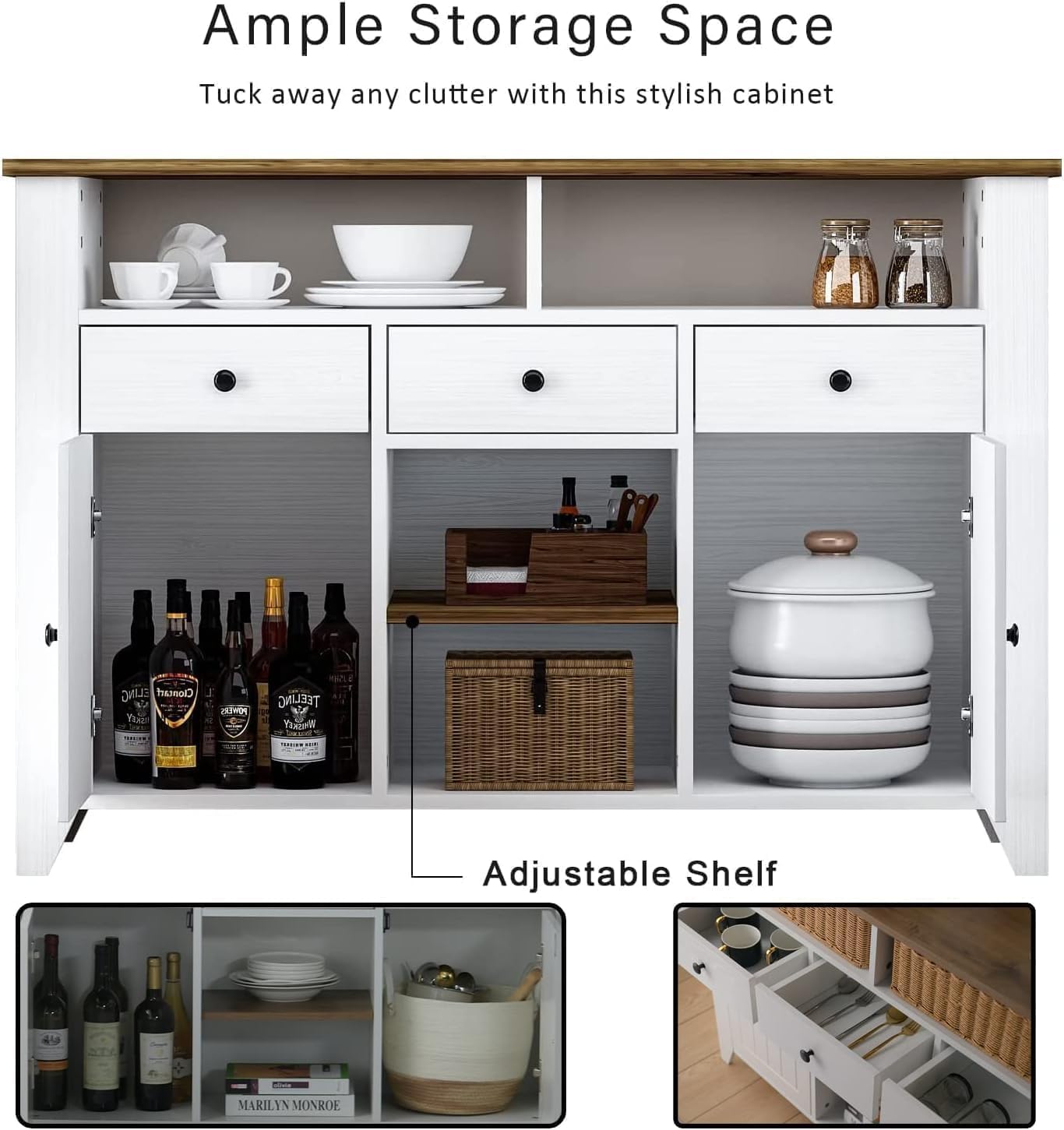 Farmhouse Coffee Bar Cabinet with Storage - 47 Inch White Buffet Cabinet with 3 Drawers, 2 Doors & Open Shelf - Kitchen Coffee Station for Living Room, Dining Room - Perfect for Entertaining Guests & Organizing Coffee Essentials