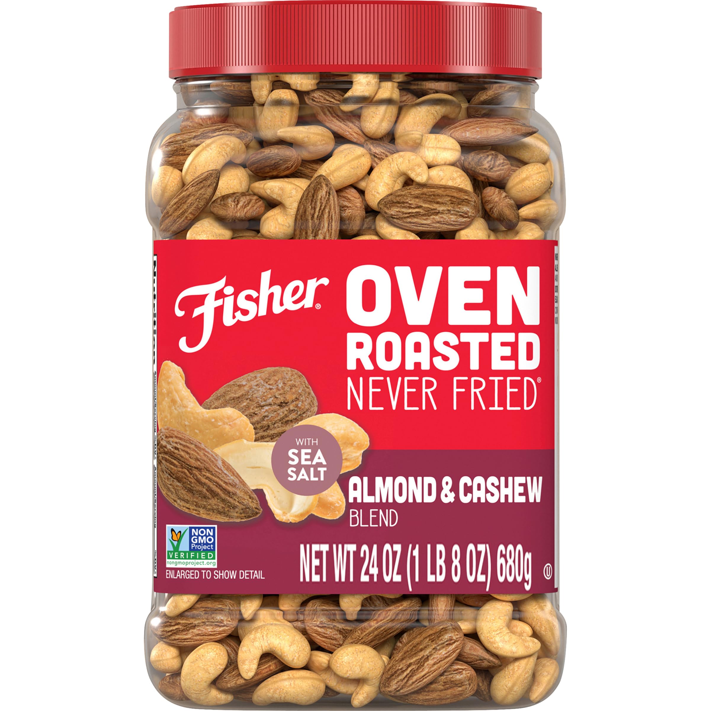 Fisher Oven Roasted Almond & Cashew Blend - Healthy Gluten Free Snacks with Sea Salt, No Added Oil or Preservatives - 24oz Pack of 1 - Perfect for Hiking, Office Snacks & Healthy Lifestyle