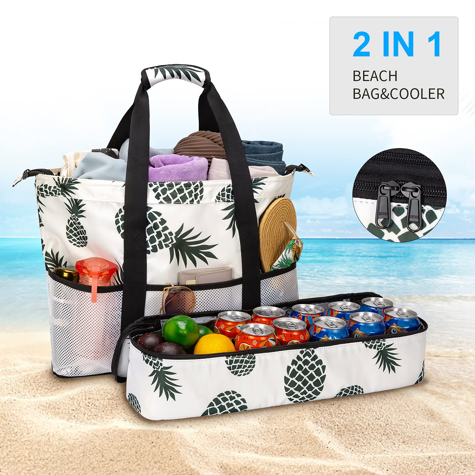 Octsky Large Waterproof Beach Tote Bag with Cooler & 9 Pockets - Sandproof Zippered Pool Bag for Women | Perfect for Beach Trips, Pool Parties & Summer Vacations