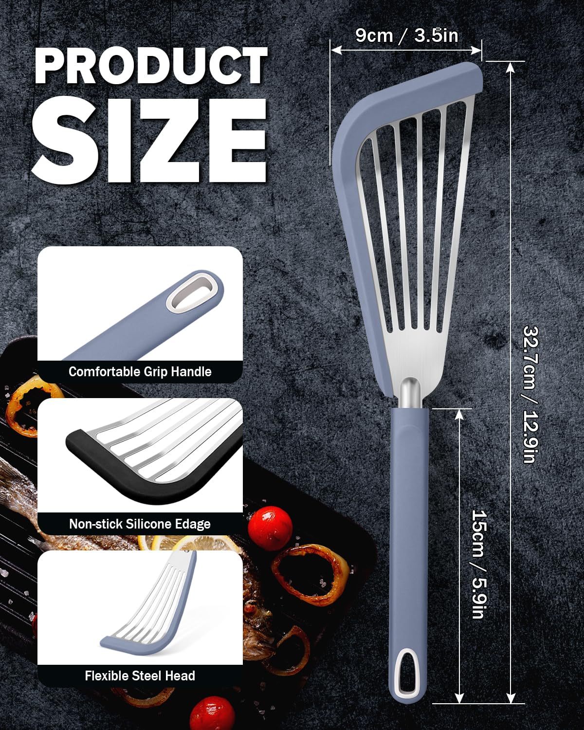 Premium Silicone Fish Spatula Set of 2 - Thin Slotted Nonstick Kitchen Turner for Eggs, Pancakes & Fish - Heat Resistant Flexible Stainless Steel Cooking Utensils - Perfect for Grilling, Frying & Baking at Home