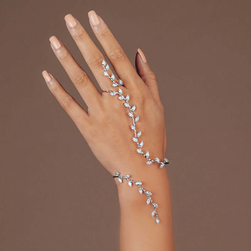 Olive Branch Leaf Bridal Hand Cuff Bracelet - Elegant Wedding Jewelry for Brides, Bridesmaids & Boho Weddings | WJ806 | Perfect for Beach, Garden & Outdoor Ceremonies