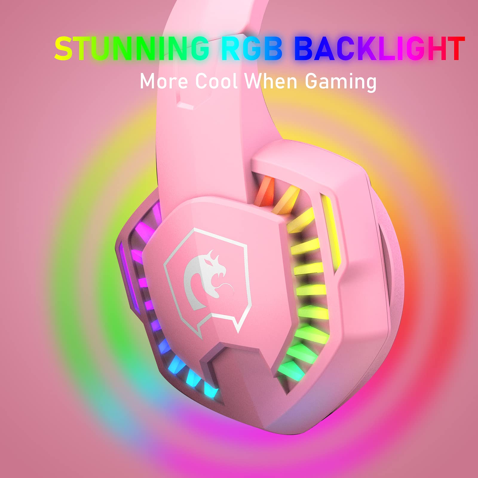 Wired Gaming Headset with RGB Backlight, Noise-Canceling Mic & Deep Bass - Over-Ear Headphones with Memory Foam for PS5, Xbox Series X, PC, Mac - Perfect for FPS Gaming & Streaming (Pink)