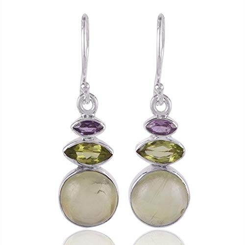 925 Sterling Silver Dangle Earrings for Women - Natural Prehnite, Amethyst & Peridot Bezel Set Round Green Gemstone Earrings | Hypoallergenic Minimalist Jewelry | Perfect Halloween Gift, Birthday Present & Everyday Wear