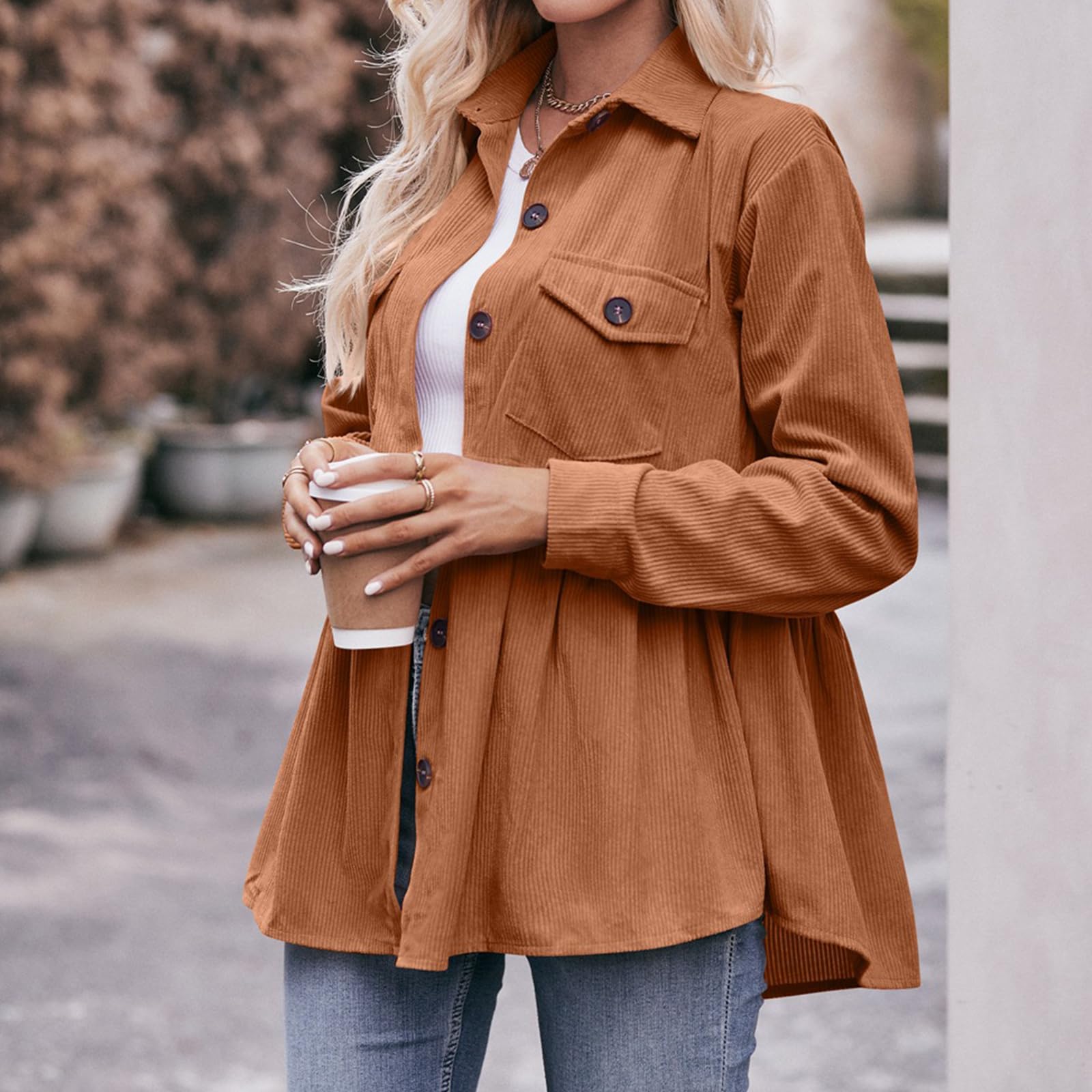 TICIFEN Women's Corduroy Shirt - Long Sleeve Button Down Blouse, Cute Peplum Babydoll Tunic Dress Shirt & Loose Jacket Shacket for Casual Outfits, Workwear & Fall Fashion