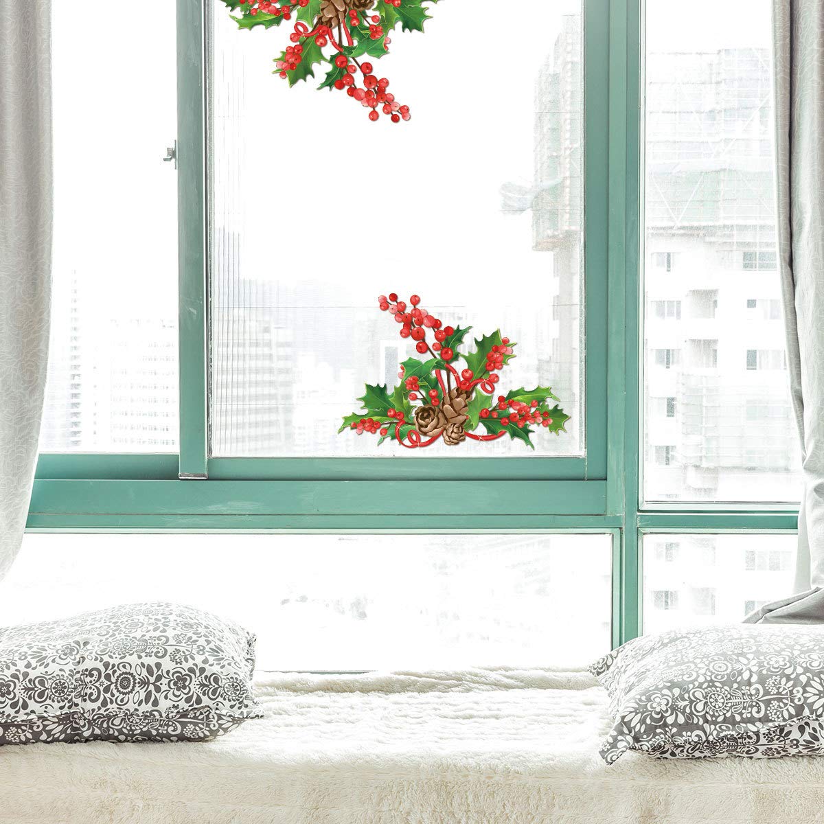 Christmas Window Glass Wall Decals - Red Berry Fridge Refrigerator Stickers, Toilet Lid & Cabinet Glass Diagonal Decorations | Removable Holiday Stickers for Xmas Home Decor | Perfect for Kitchen, Bathroom & Living Room Seasonal Decorating
