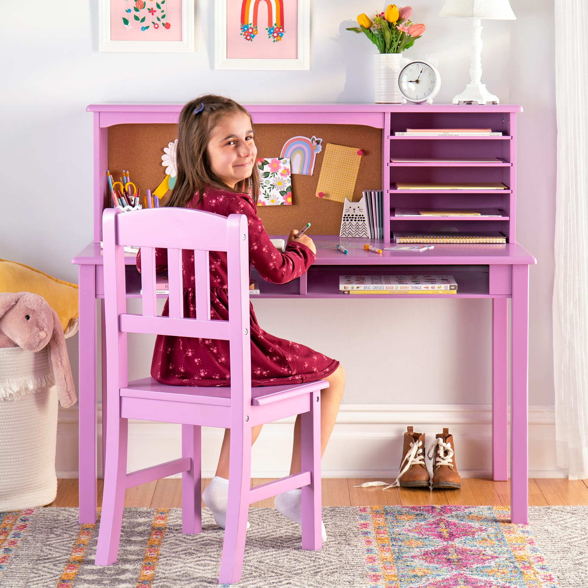 Guidecraft Kids Media Desk and Chair Set in Lavender - Wooden Study Table with Hutch & Shelves for Girls | Perfect for Homework, Online Learning & Bedroom Organization