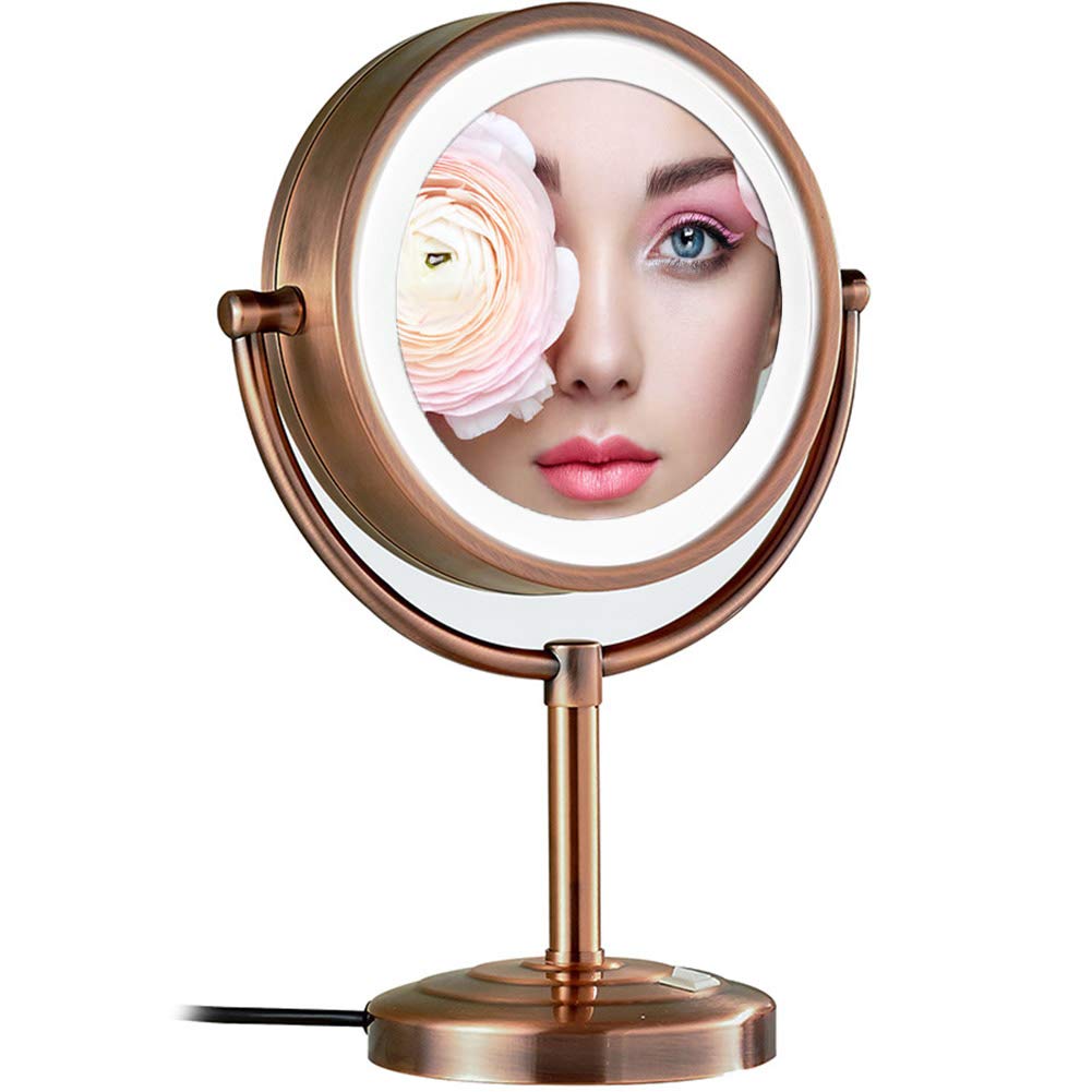 LED Lighted Makeup Mirror with 2X Magnification - Double Sided Vanity Mirror with Stand, Adjustable Desktop Beauty Mirror with Lamp (Brass, 7X) for Home Makeup, Salon, Dressing Room & Travel
