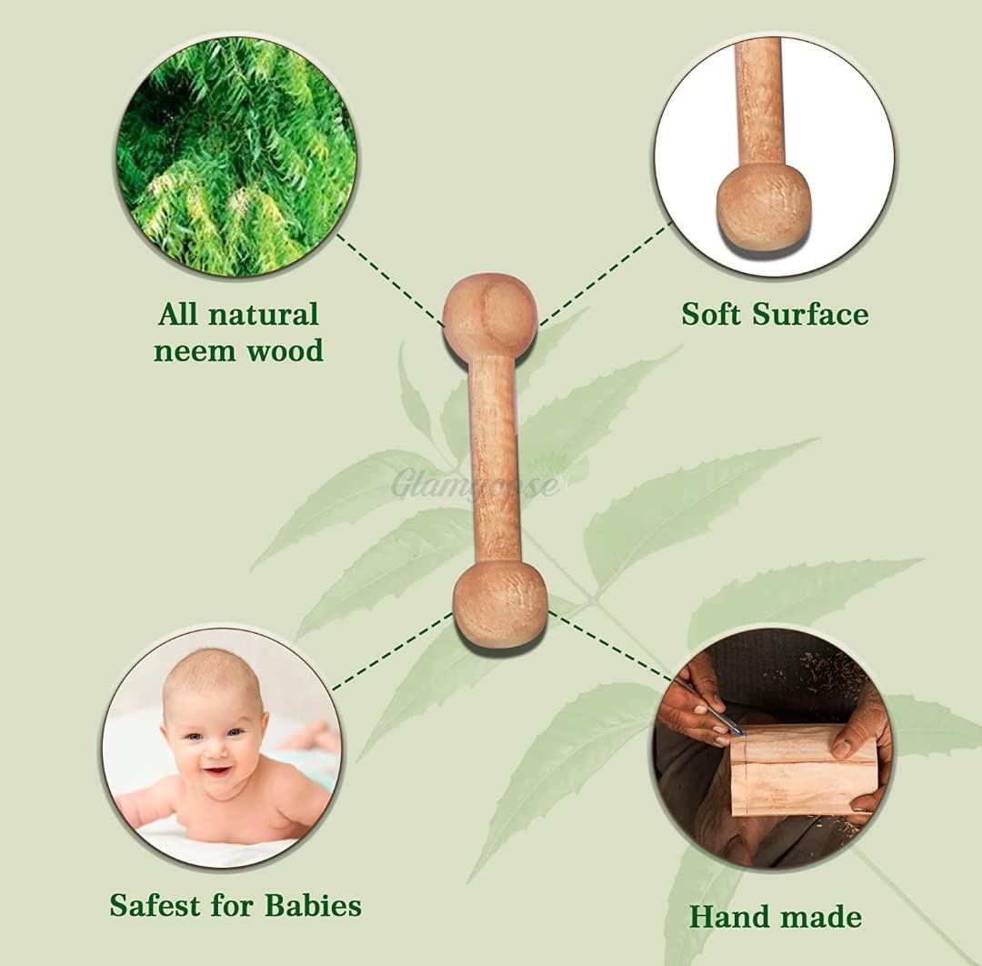 Organic Neem Wood Teething Toys for Babies 6-12 Months - Natural Wooden Teether Set of 2 - Safe & Non-Toxic Infant Teething Relief - Perfect for Soothing Sore Gums at Home or On-the-Go