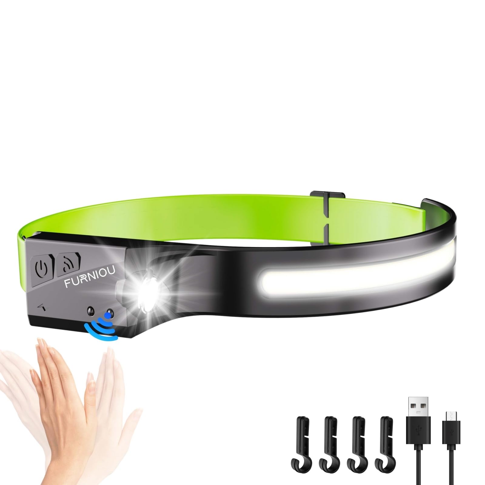FURNIOU Rechargeable LED Headlamp for Adults - 230° Wide Beam Headlight with Motion Sensor & Adjustable Headband - Perfect for Camping, Hiking, Jogging, Fishing, Night Running and Outdoor Adventures