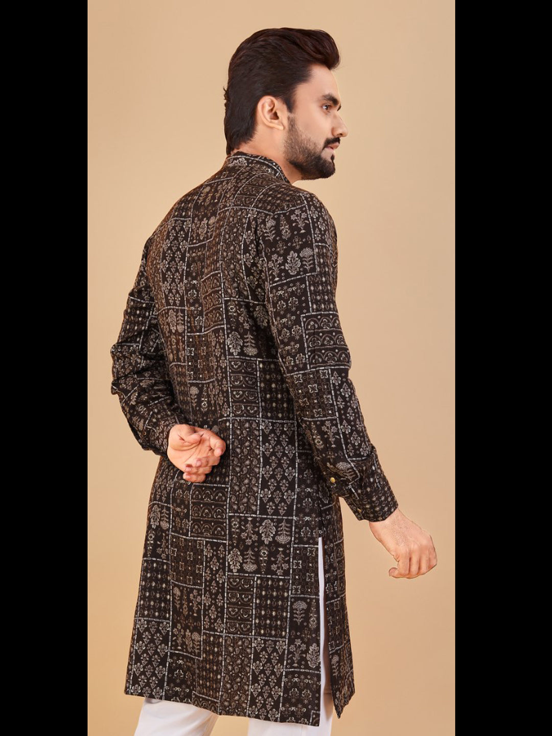 Men's Black Traditional Kurta Pajama Set with Foil Print - Ready to Wear Indian Ethnic Outfit for Weddings & Festivals