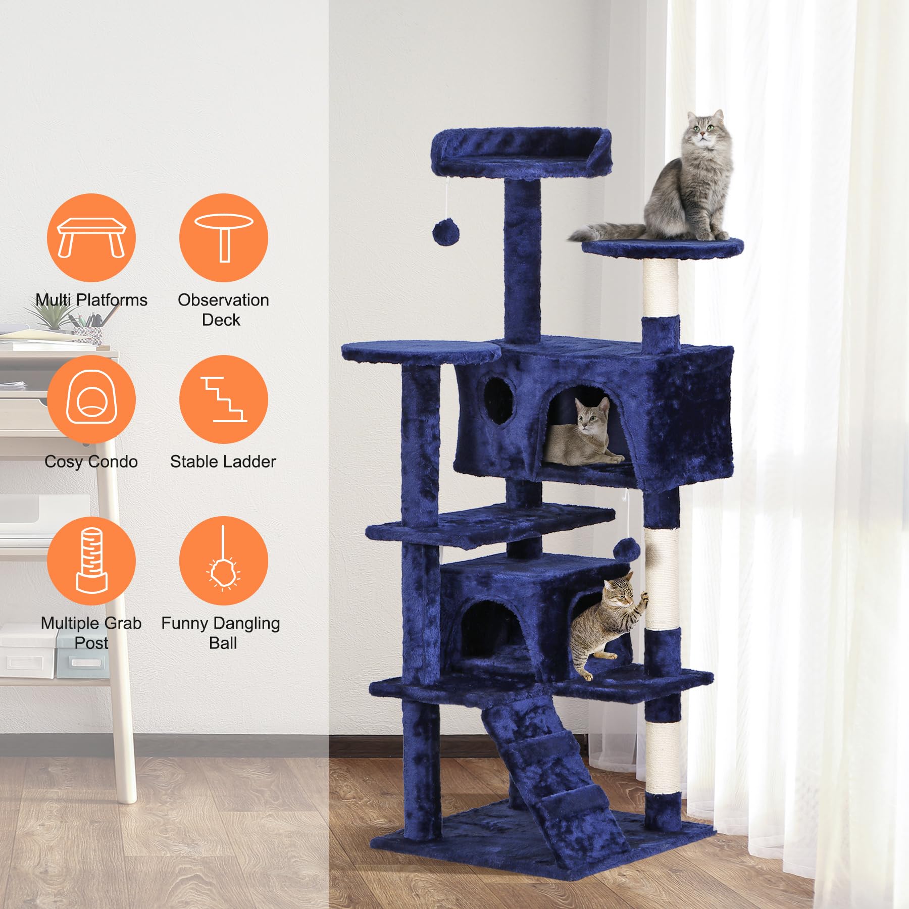 54-Inch Multi-Level Cat Tree with Scratching Posts - Large Kitten Condo Tower, Play House & Climbing Furniture for Indoor Cats - Perfect for Playtime, Scratching & Napping in Living Rooms & Bedrooms