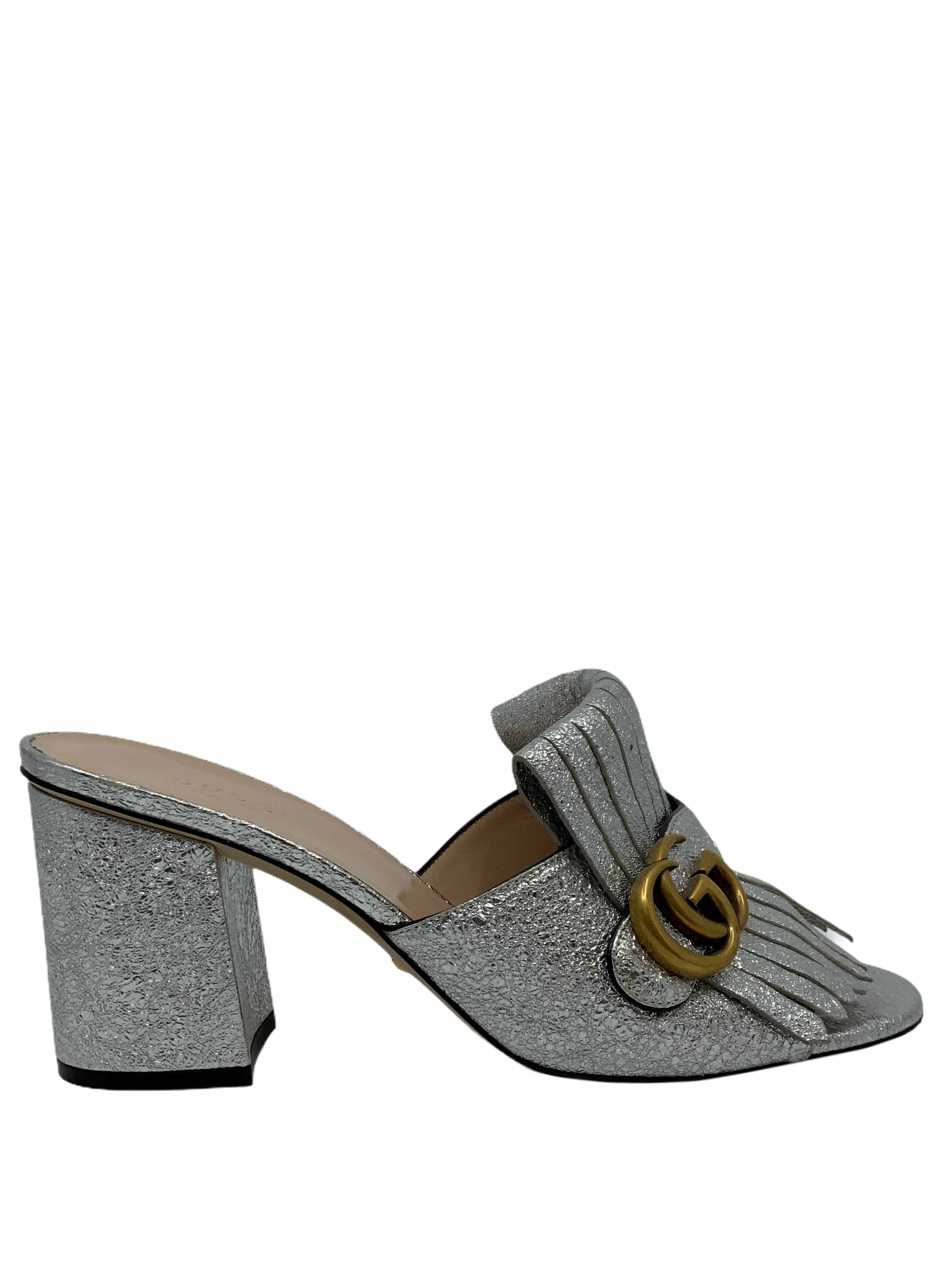 Gucci Marmont GG Metallic Foil Leather Fringe Mules Women's Size 9.5 - Luxury Designer Slip-On Shoes for Casual Outings & Evening Events