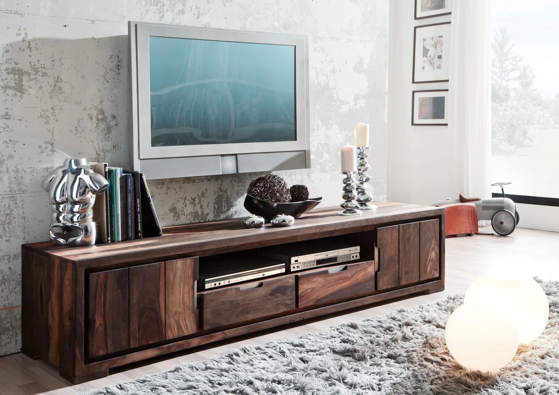 Gfine Solid Sheesham Wood TV Stand with 2 Doors & 2 Drawers - 175x45x47Cm Modern Entertainment Center for Living Room, Bedroom & Home Theater