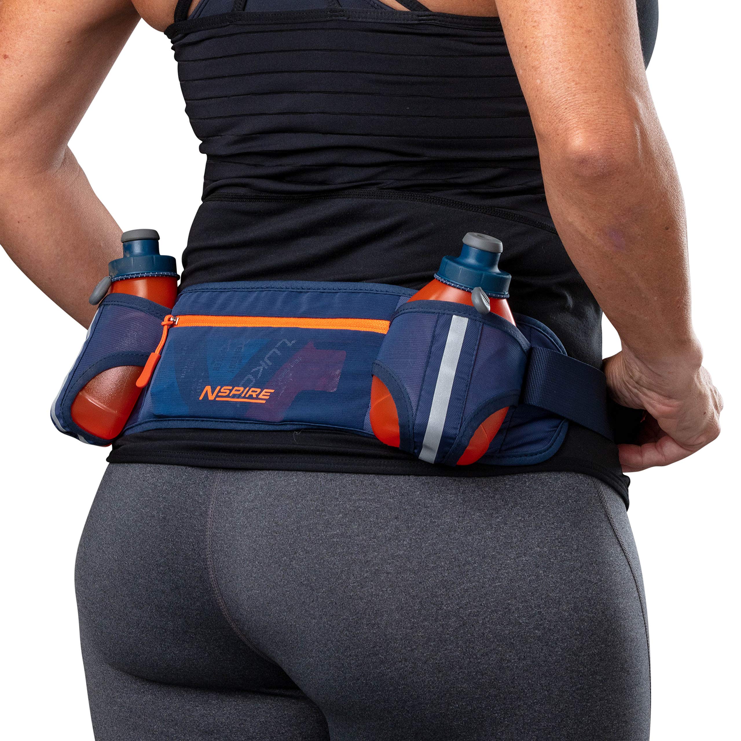 Dual Bottle Hydration Belt for Running & Hiking - Adjustable Waist Pack with 2 Water Bottles & Storage Pocket for Phone, Keys, Snacks - Perfect for Marathon Training, Outdoor Adventures (Navy/Tigerlily)
