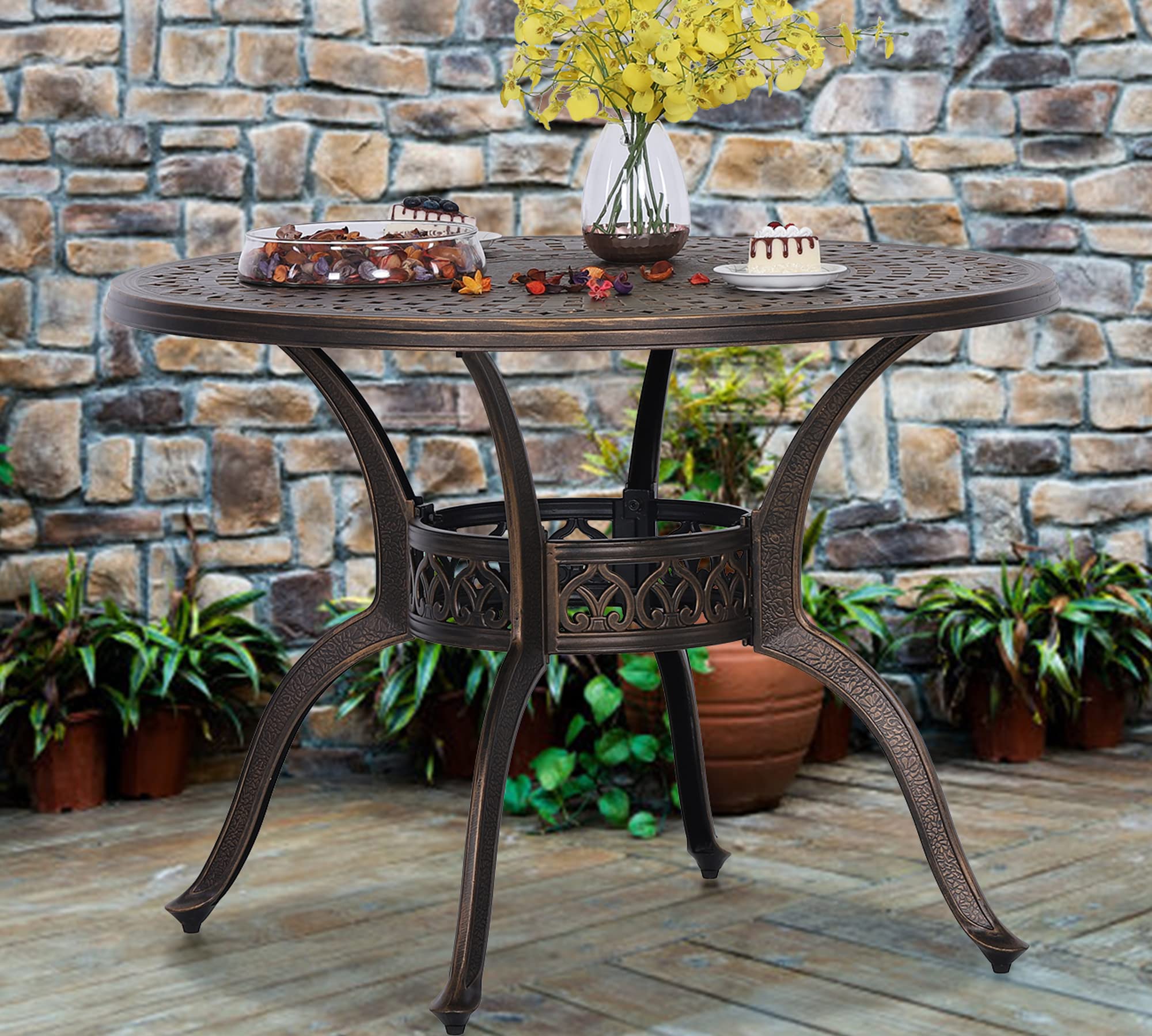 PHI VILLA 39 Inch Round Cast Aluminum Outdoor Bistro Dining Table with 1.97