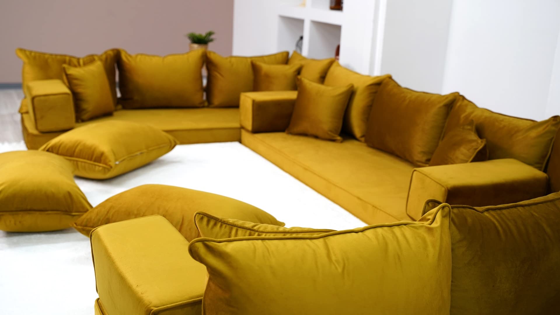 Luxury Gold Velvet Floor Sofa Set - U-Shaped Sectional Couch with Pillows | Modern Moroccan Style Arabic Seating for Living Room | Home Decor & Lounge Furniture for Small Spaces, Meditation Areas & Boho Chic Interiors