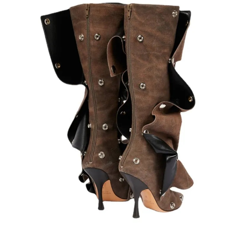 2023 Fashion Sexy Slim Fit High Heel Pleated Knee High Boots for Women - All Seasons Long Boots, Sexy Show Boots for Party, Night Out & Special Occasions