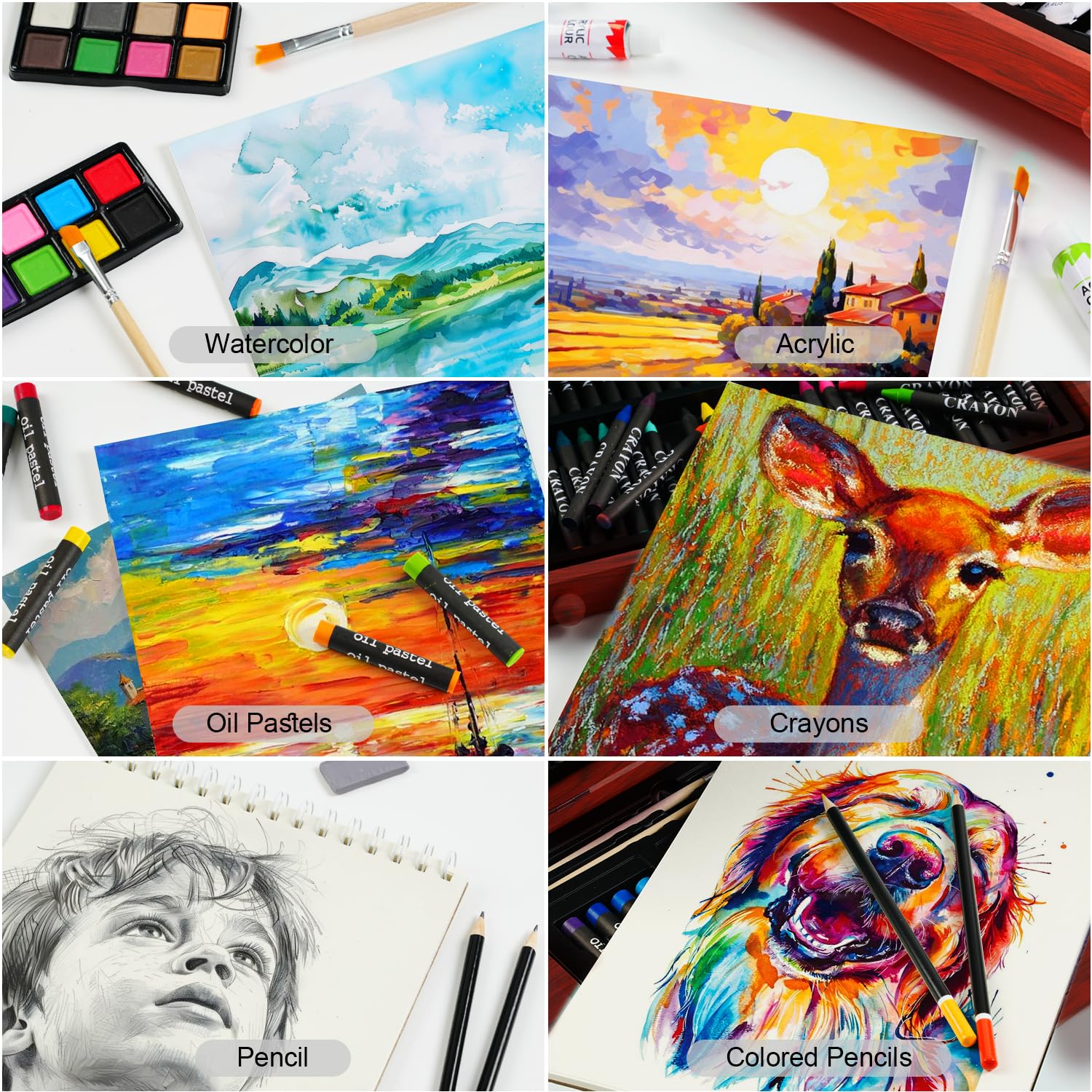 196-Piece Deluxe Art Kit with Acrylic Paint, Oil Pastels, Crayons & Colored Pencils - Includes 5 Drawing Pads & Canvases in Wooden Storage Box - Perfect Gift for Kids, Teens & Adult Beginners - Ideal for Home, School & DIY Art Projects