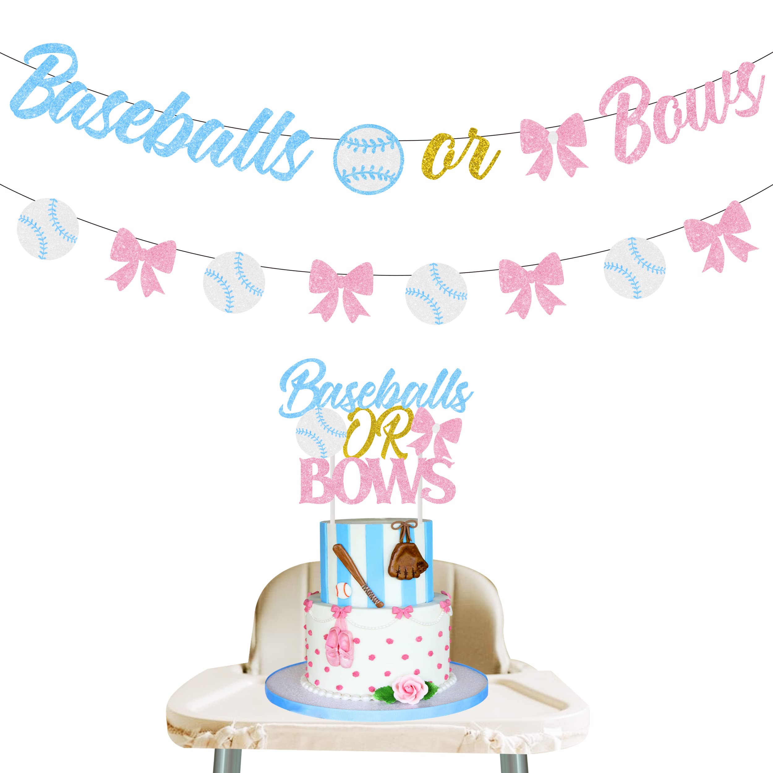 Blue and Pink Baseballs or Bows Gender Reveal Banner - Baseball Themed Cake Toppers for Baby Shower Party & Pregnancy Announcement - Perfect for Gender Reveal Events, Baby Showers, and Nursery Decor