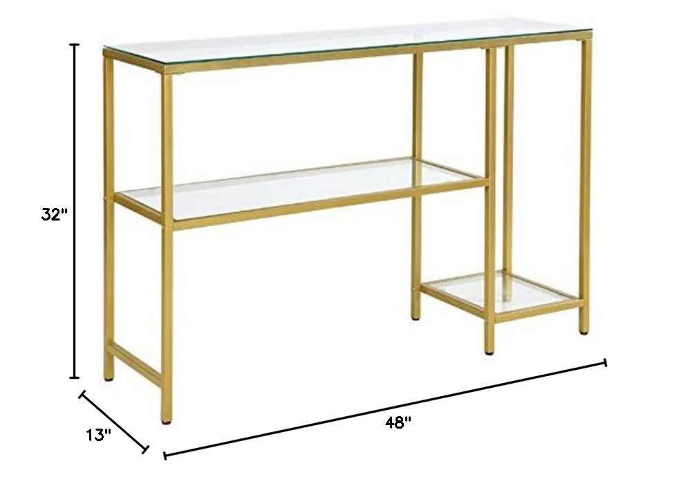 BOWERY HILL Gold Glass Console Table with Shelves - Modern Entryway, Living Room & Hallway Decor