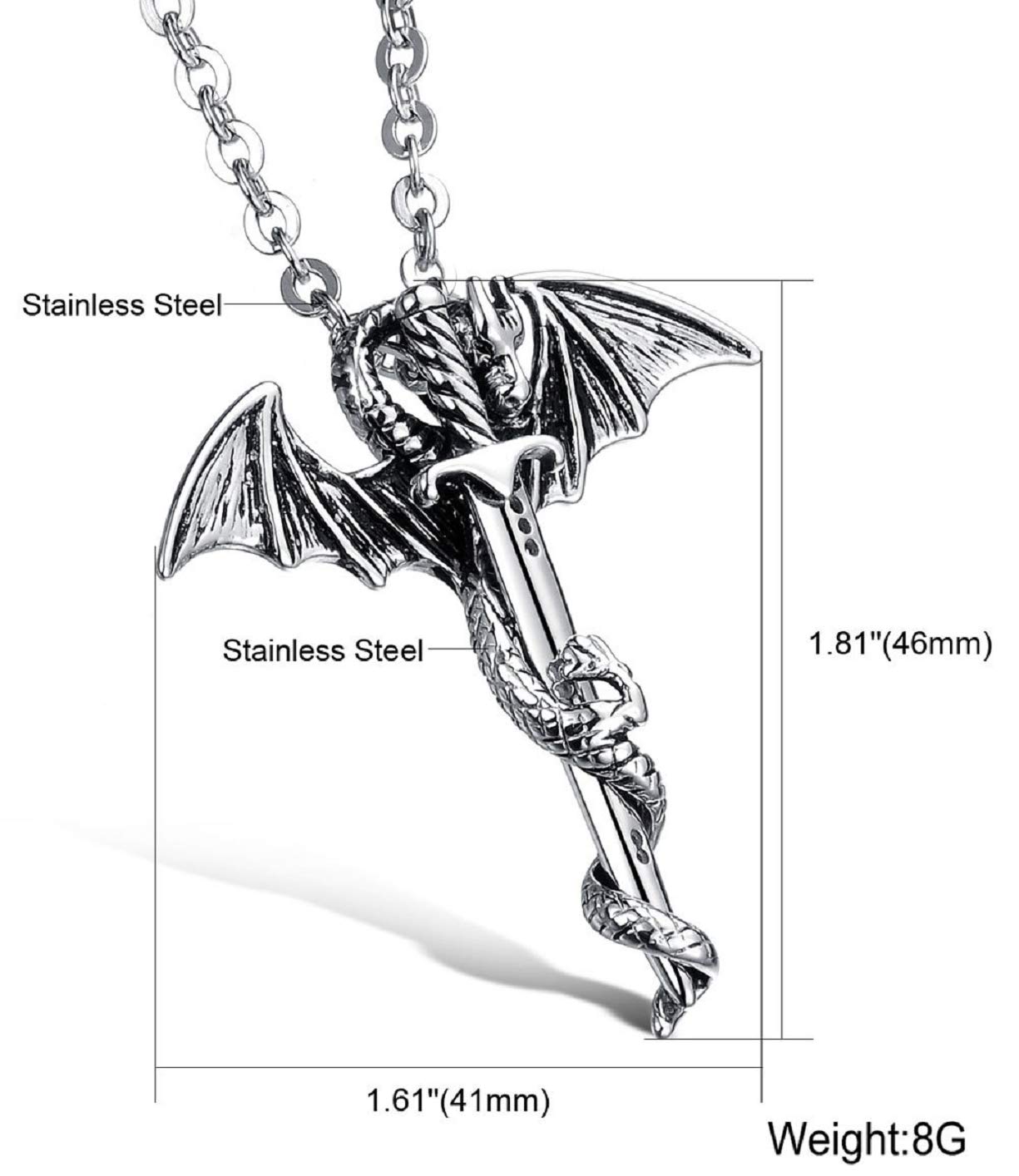 PikaLF Men's Dragon Necklace with Sword Pendant - Winged Dragon Jewelry with Chain for Fantasy Lovers - Perfect for Cosplay, Gifts & Gothic Fashion