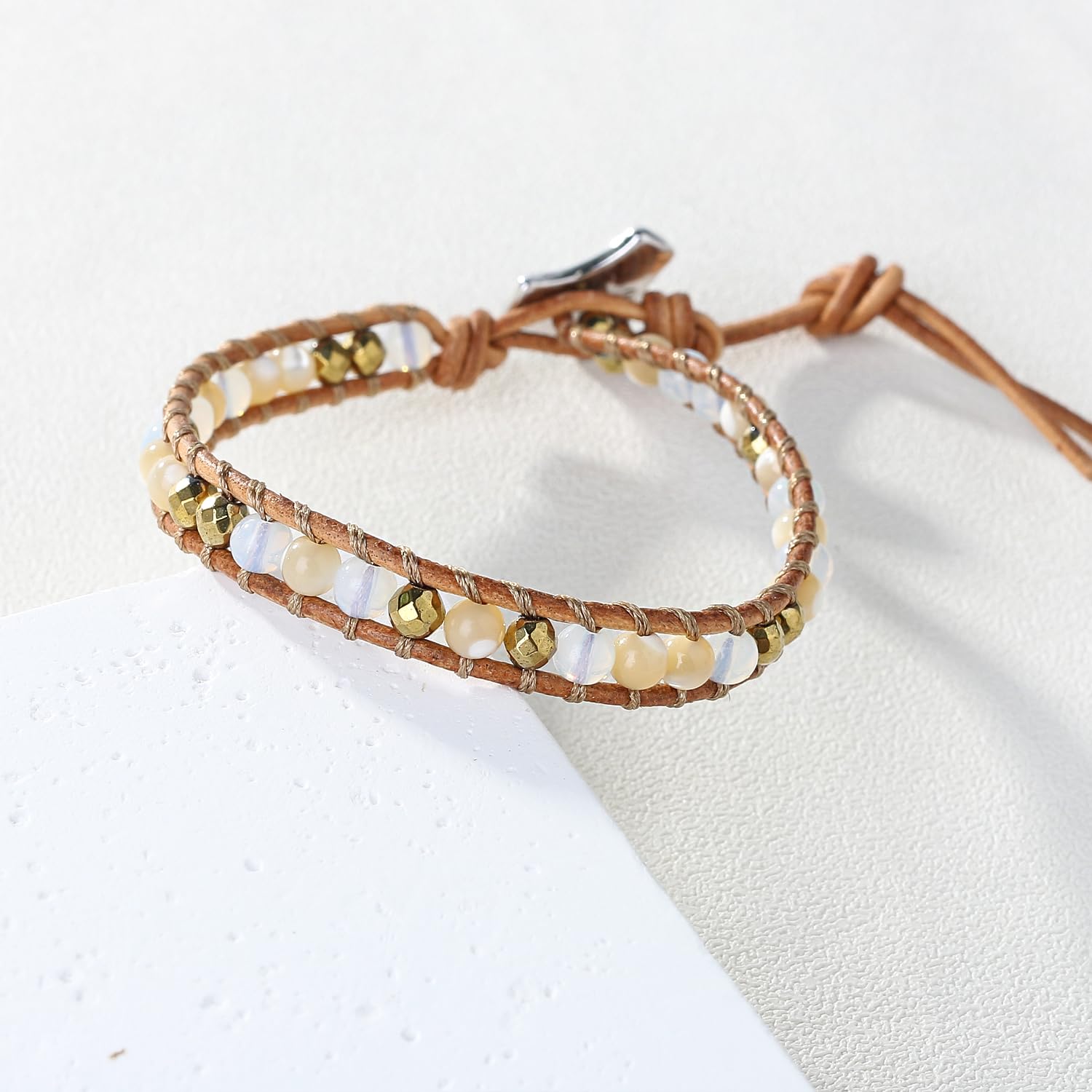 Handmade Bohemian Leather Wrap Bracelet for Women - Mother of Pearl & Beaded Friendship Bracelet, Classic Khaki Jewelry Gift for Best Friends | Perfect for Casual Wear, Boho Outfits & Special Occasions