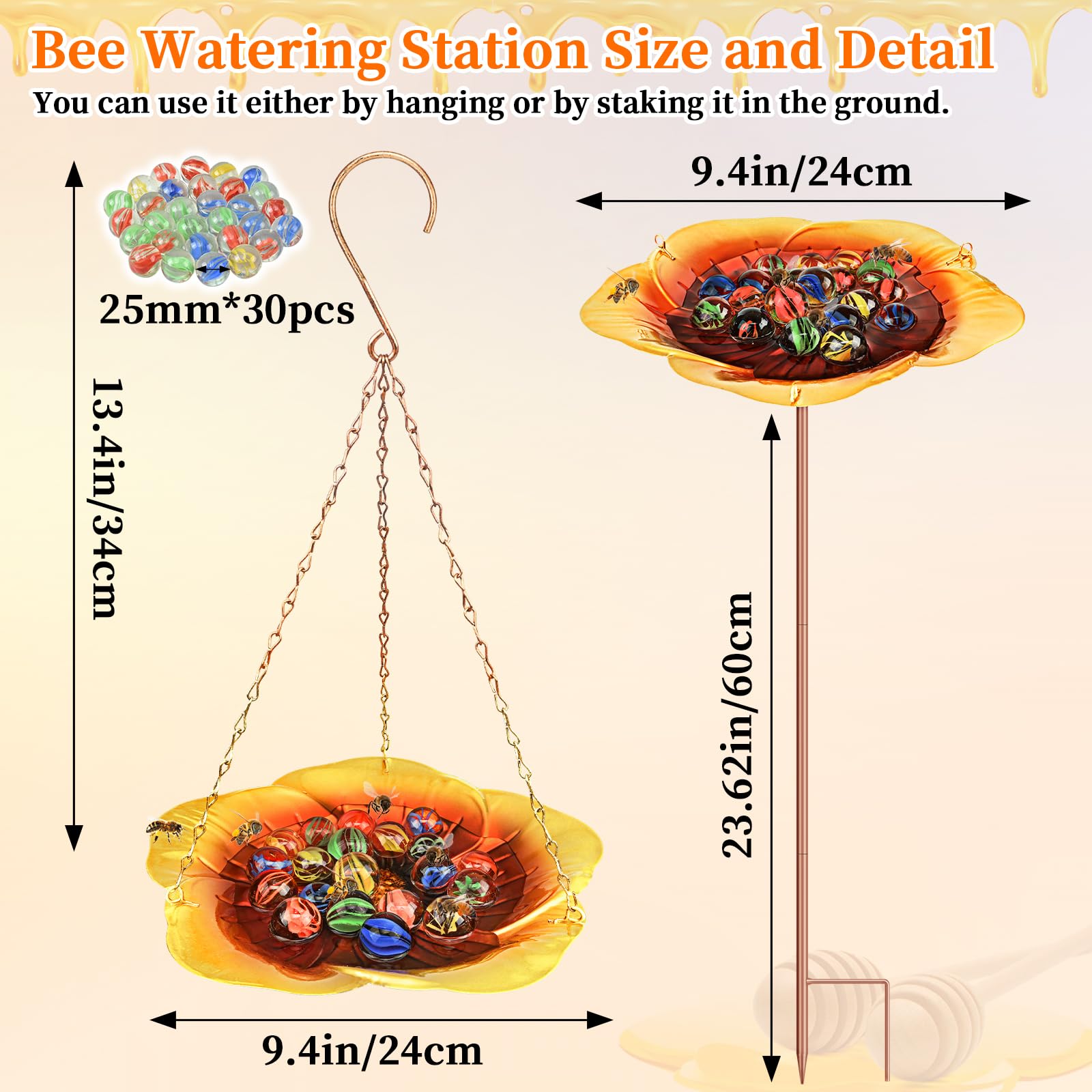 Bee Watering Station for Garden - Hummingbird & Bee Feeder with 30 Glass Marbles, Multi-Function Standing & Hanging Outdoor Waterer - Attract Pollinators to Your Backyard, Patio or Flower Garden