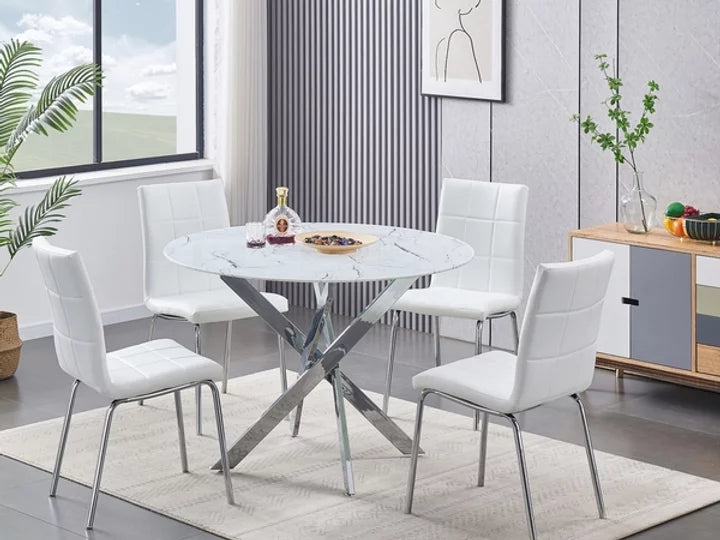5-Piece White Glass Marble Dining Table Set with Chairs - Model 1445 | Modern Kitchen & Dining Room Furniture for Small Spaces | Perfect for Family Meals & Entertaining Guests