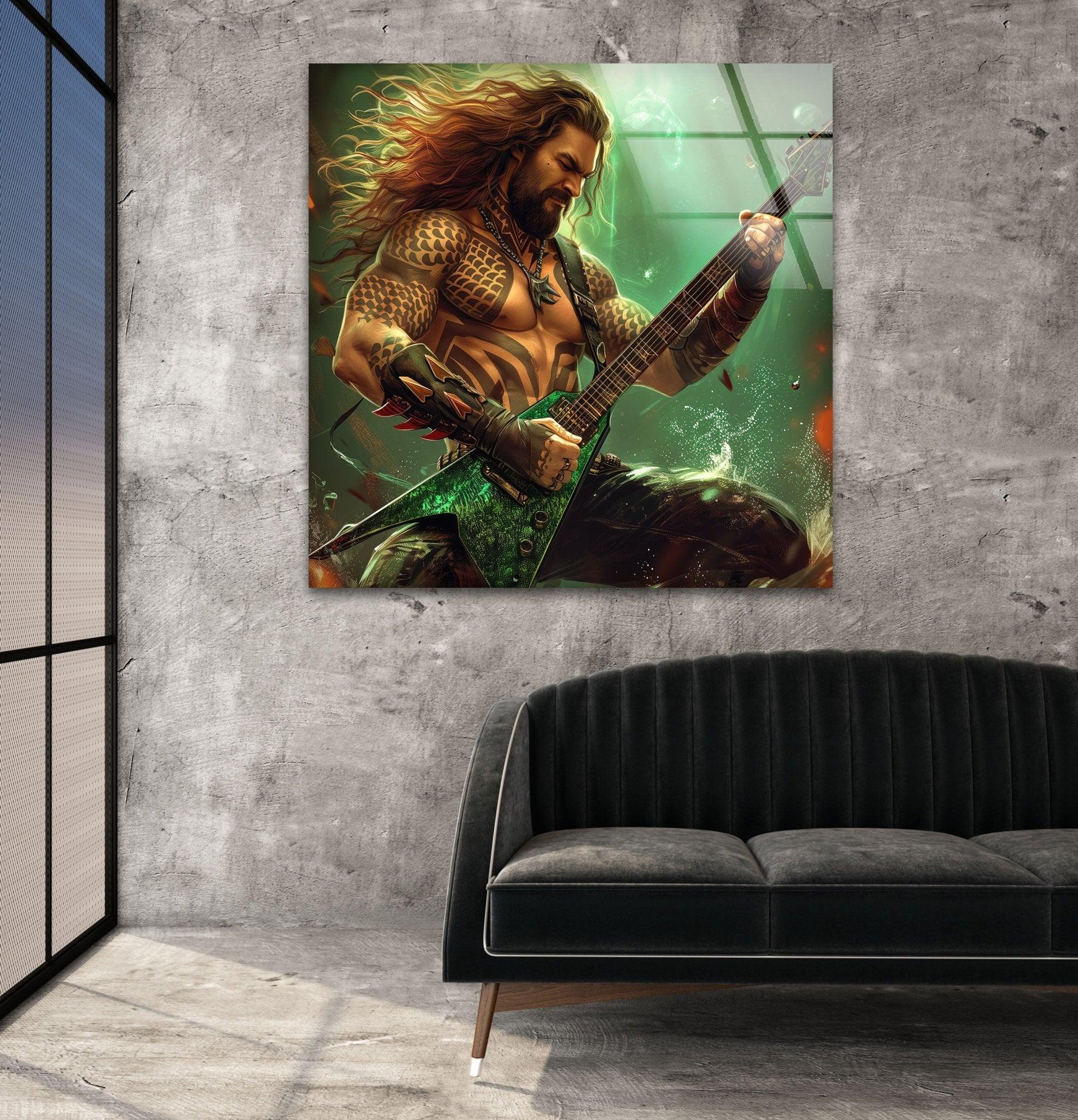 Aquaman Guitarist Glass Wall Art - Handmade Superhero Decor for Living Room, Bedroom & Office - Unique DC Comics Inspired Gift for Fans & Collectors