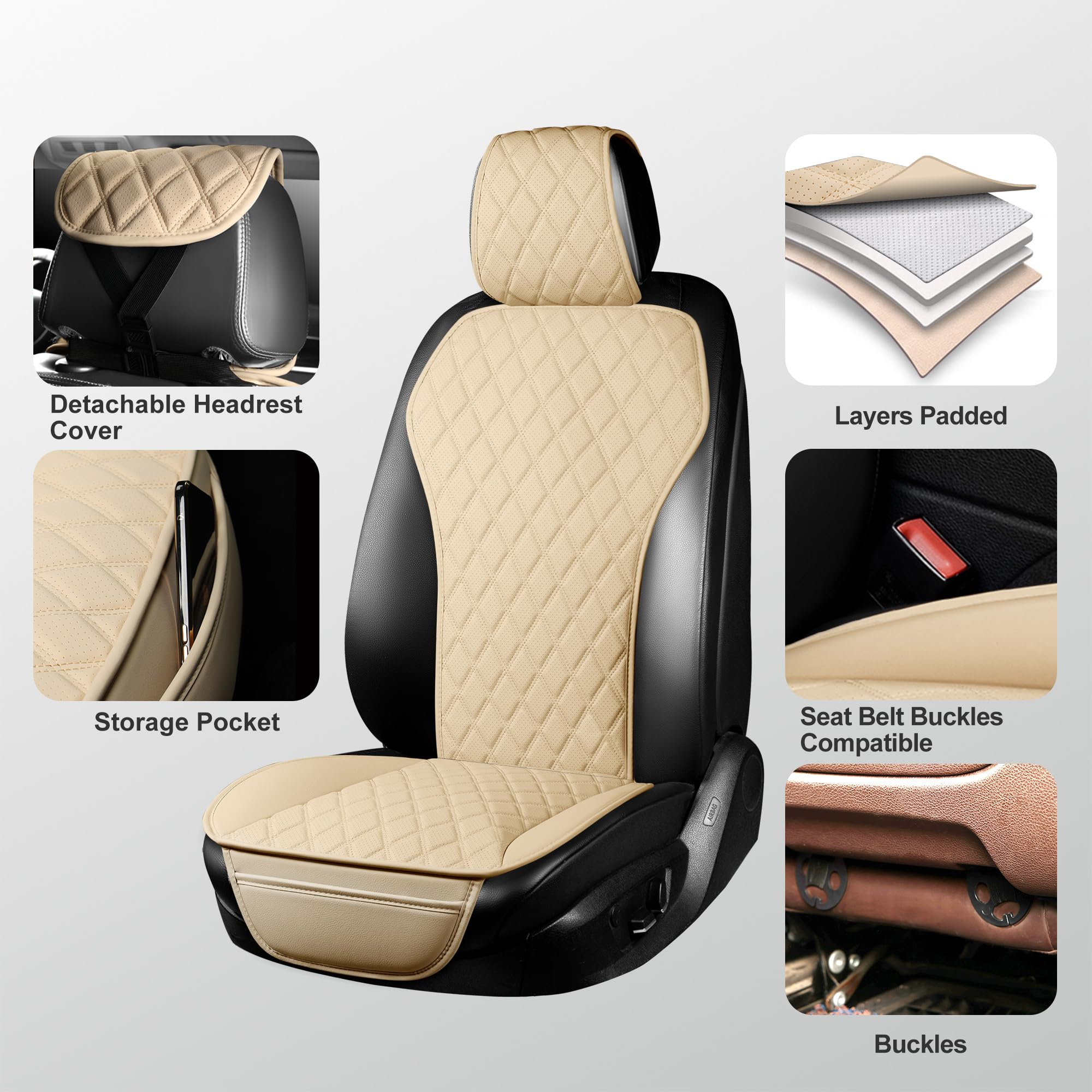 2PCS Premium Leather Front Car Seat Covers Set with Steering Wheel Cover & Seat Belt Pads - Universal Fit for 95% Vehicles, Waterproof & Anti-Slip (Beige) - Perfect for Daily Commute, Road Trips & Car Protection