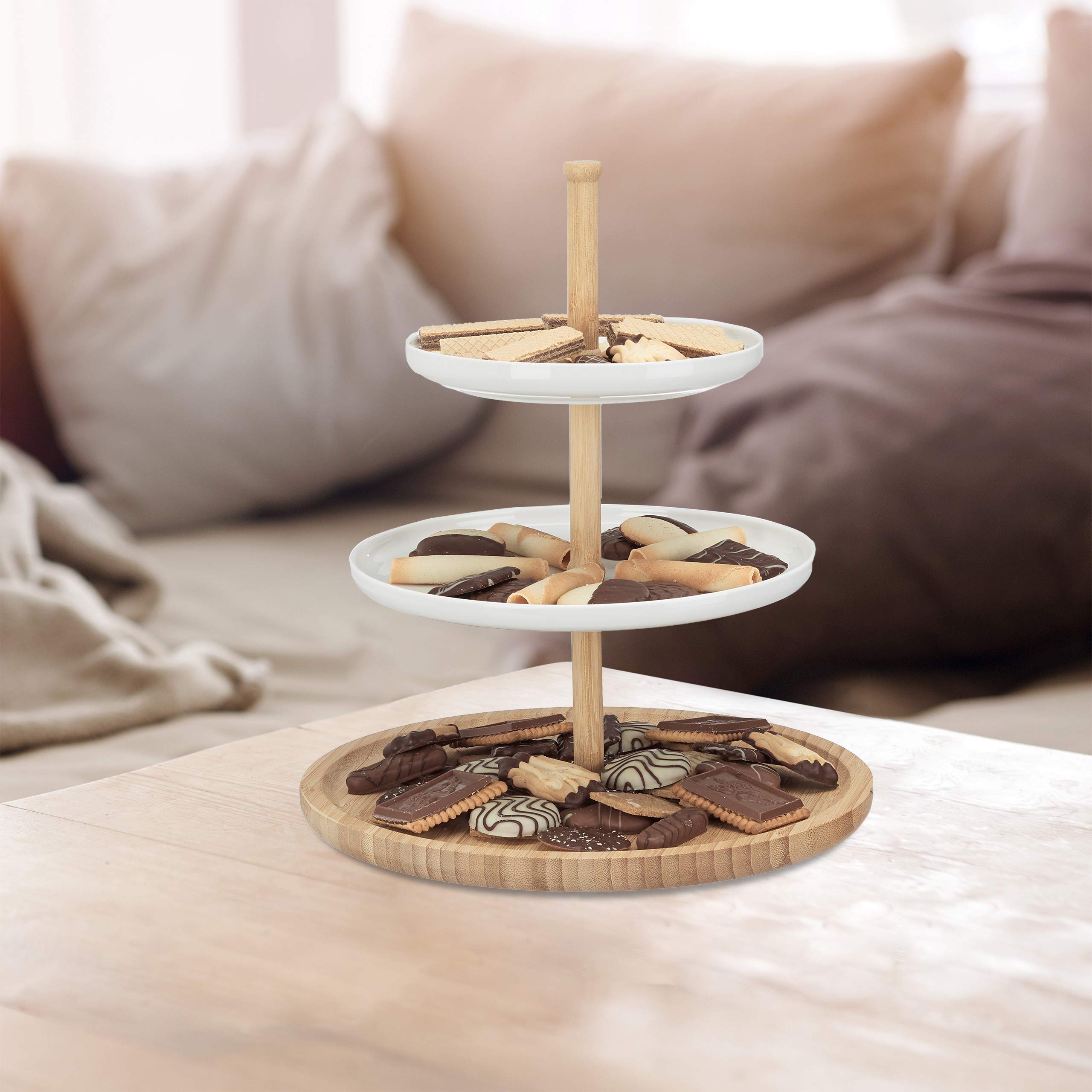 3-Tier Bamboo and Ceramic Serving Tray - 30x36cm Elegant Display Stand for Cookies, Fruits, Snacks | Perfect for Tea Parties, Kitchen Countertops & Dining Table Decor