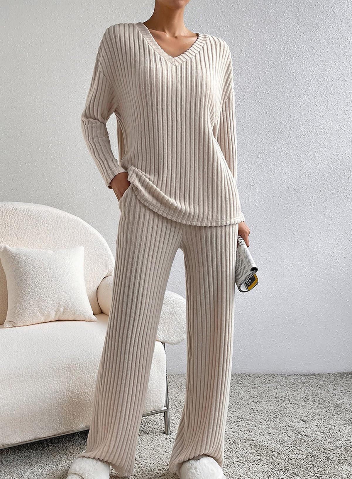 SHEWIN Women's Pajama Sets - Long Sleeve & Short Sleeve 2-Piece Lounge Outfit, Ribbed Knit Sweater Sleepwear for Cozy Nights & Relaxing at Home