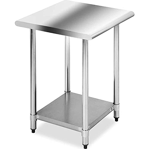 24x24 Inch Heavy Duty Stainless Steel Commercial Work Table - Scratch Resistant, Rustproof & Adjustable Shelf - Perfect for Restaurant Kitchen, Garage & Workshop Use