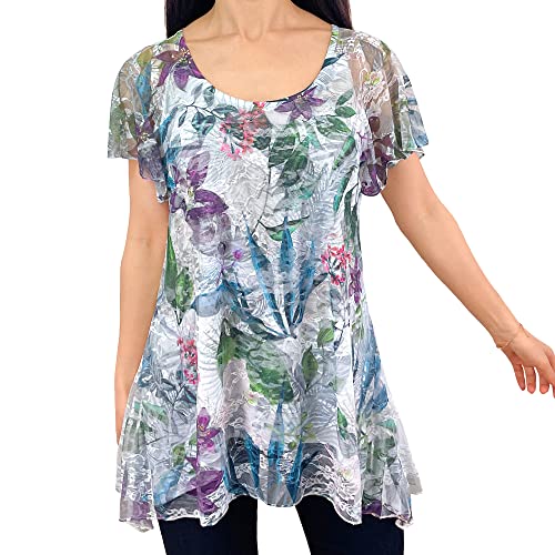 Flutter Short Sleeve - Multi Floral With Gray Shades/White Stretch Lace