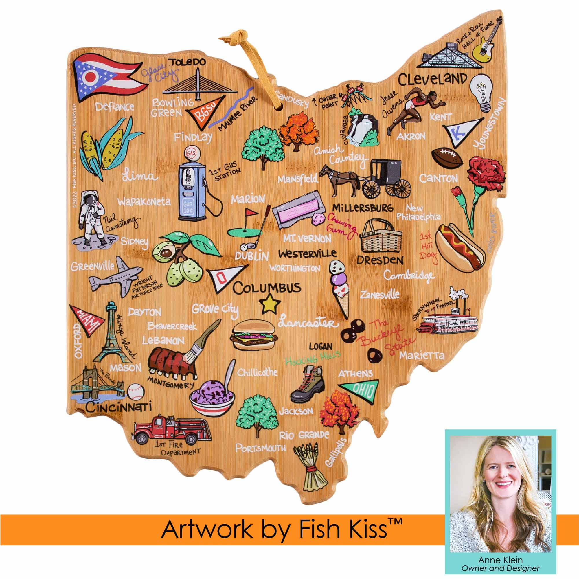 Premium Ohio Wood Cutting Board with Fish Kiss™ Artwork - Durable Kitchen Essential for Chopping, Serving & Decor