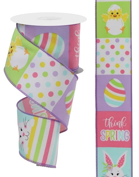 Easter Wired Ribbon - 10 Yards x 2.5 Inches - Bunny Chick Egg Design - Perfect for Easter Gift Wrapping, DIY Crafts, and Spring Decorations - RGE1089