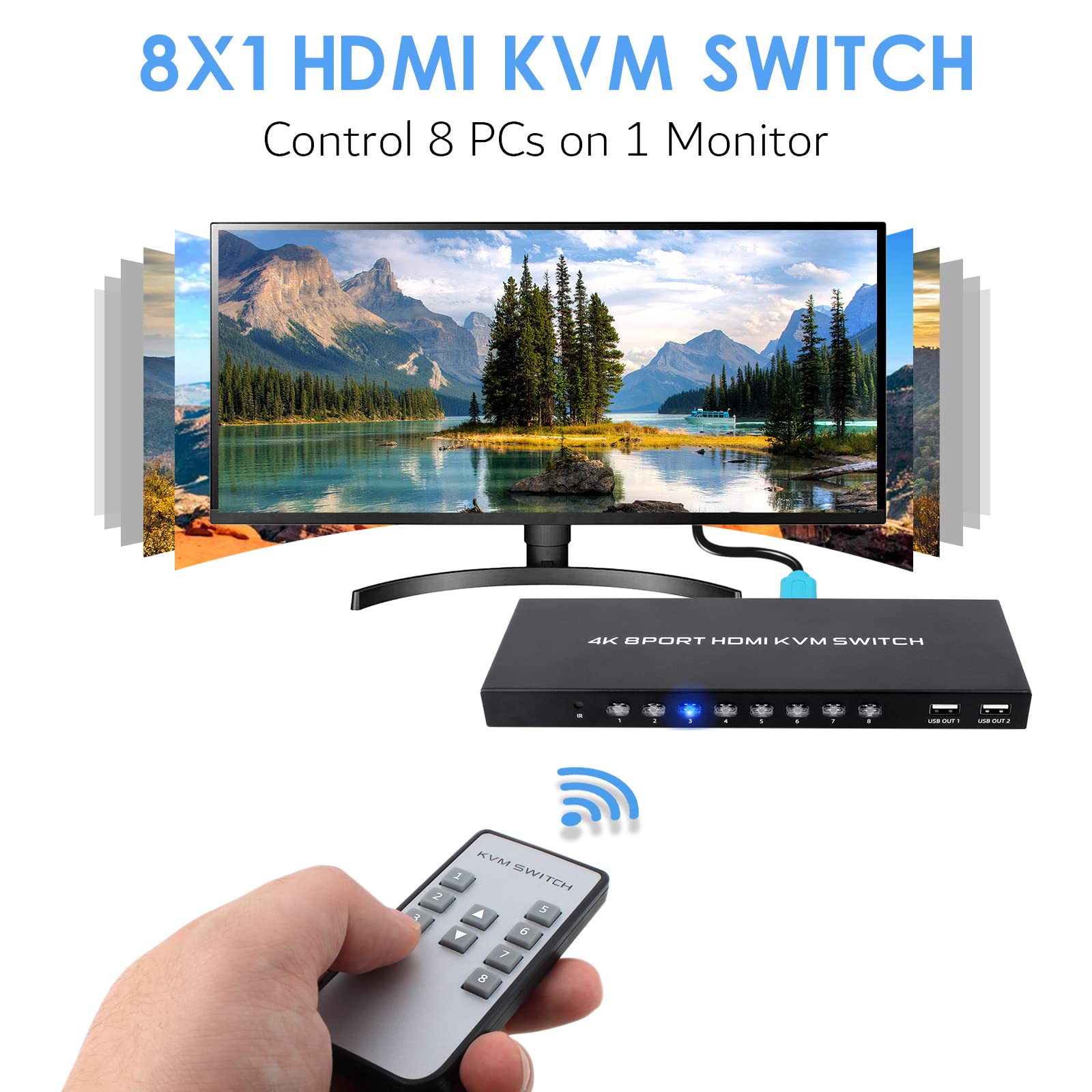 8 Port 4K KVM Switch HDMI USB - Share 4K@30Hz Monitor & 4 USB Devices for 8 Computers, Includes IR Remote & 8 HDMI/USB Cables - Perfect for Home Office, Gaming, and Multi-PC Workstations