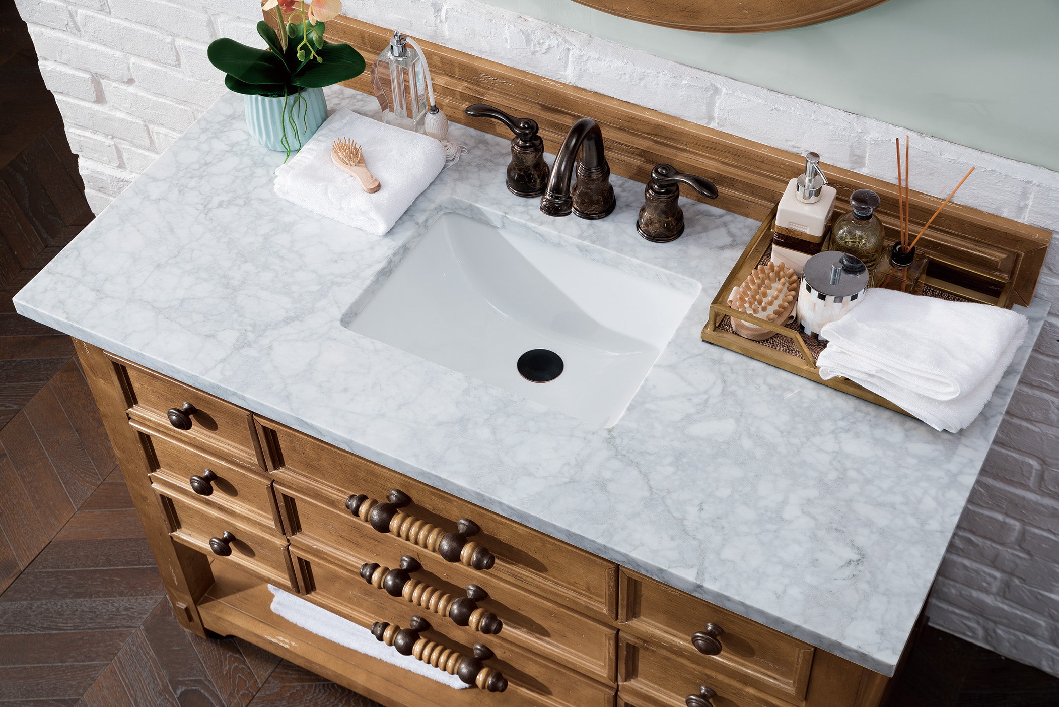 Malibu 48 Inch Single Bathroom Vanity with Honey Alder Wood & 3CM Carrara Marble Top - Perfect for Modern Master Bathroom or Guest Bathroom Renovation