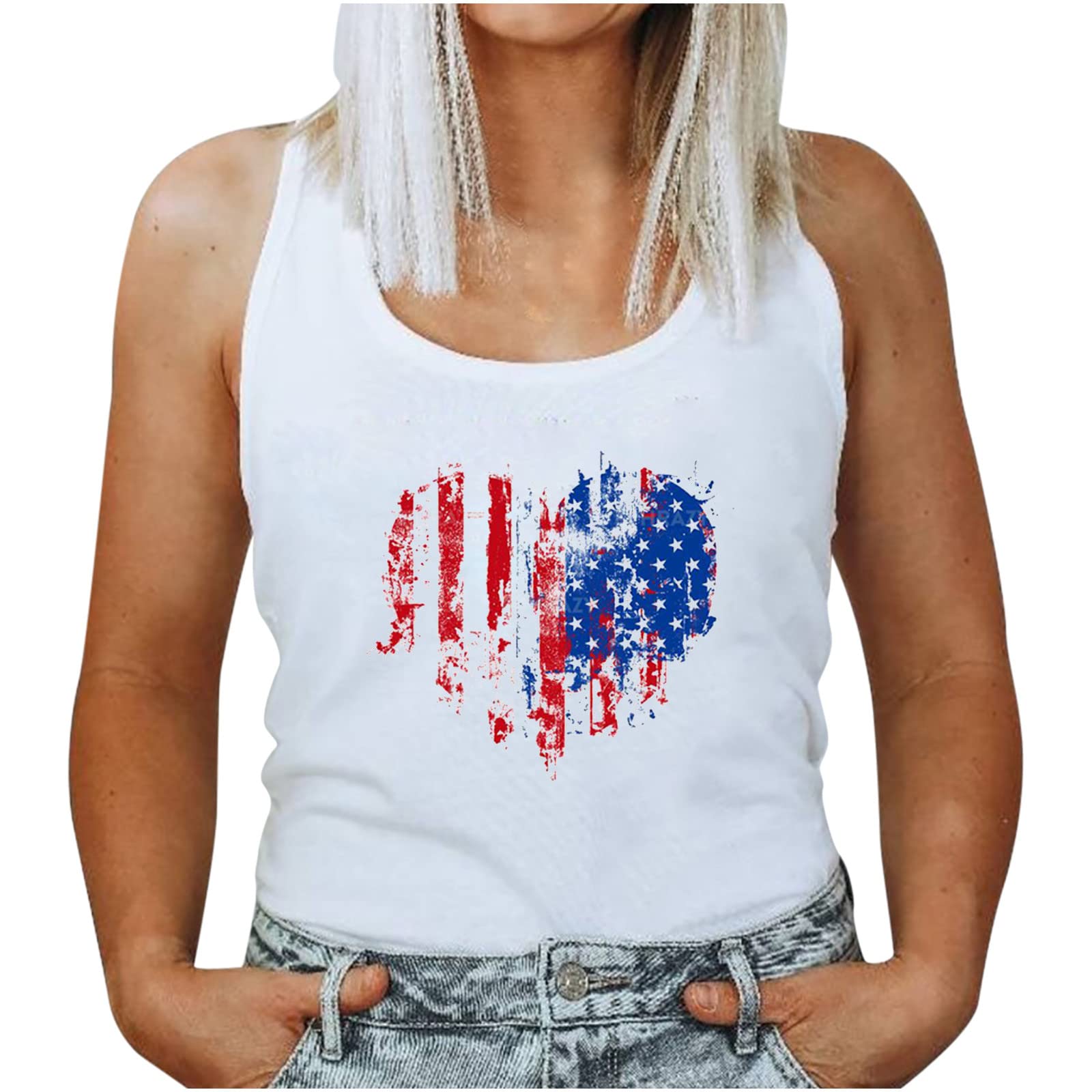 4th of July Women's Tank Tops - Patriotic Flag Print Workout Shirts, Plus Size Loose Sleeveless Summer Tops for Casual Wear & Independence Day Celebrations