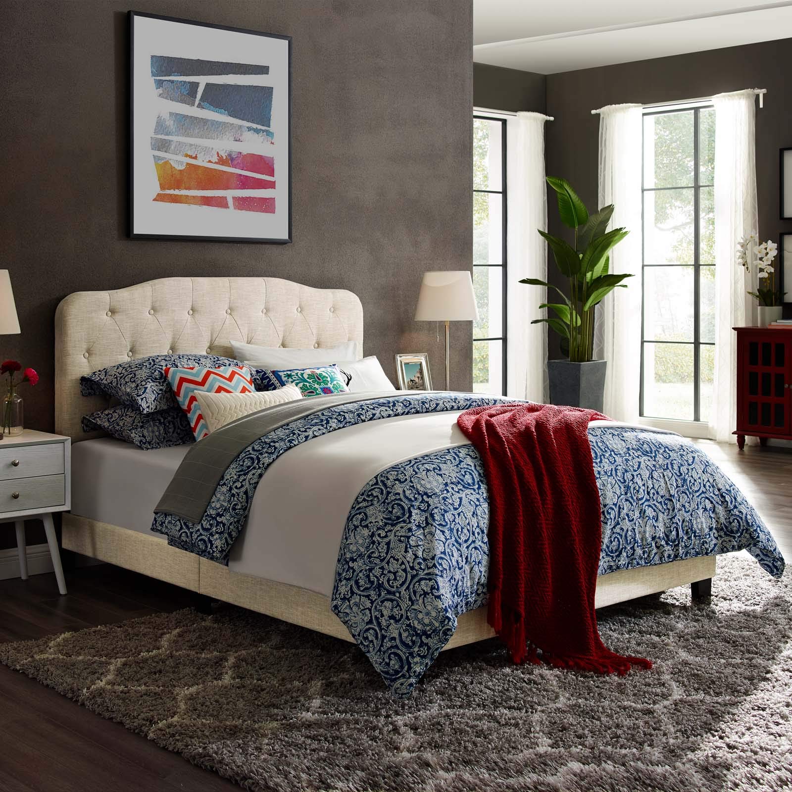 Modern Contemporary Urban Design Beige Fabric Platform Bed Frame for Stylish Minimalist Bedrooms